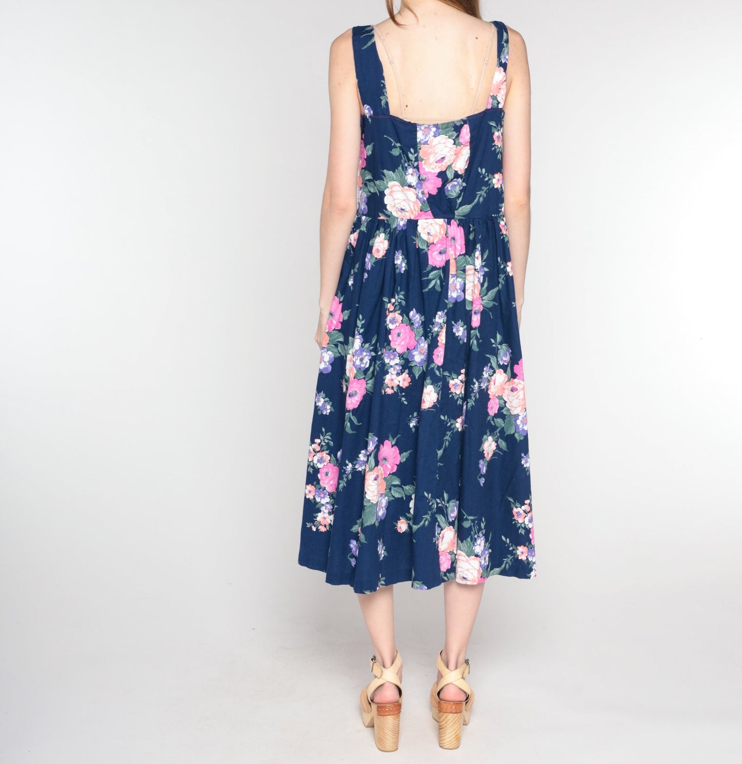 80s Navy Floral Midi Dress Sweetheart Neckline Button Front Sleeveless Medium M