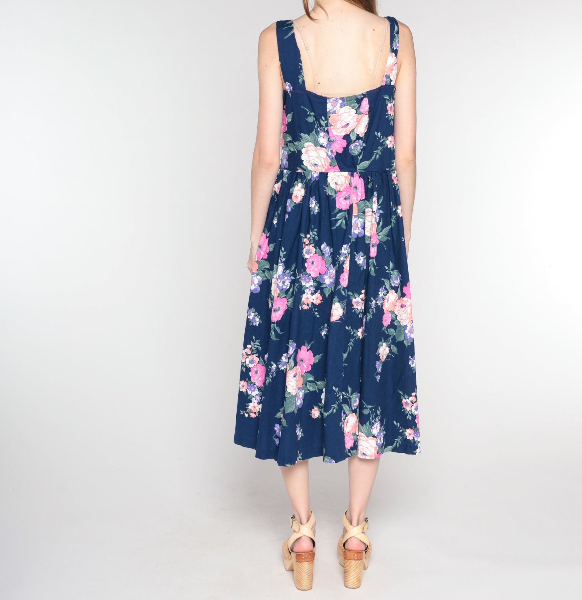 80s Navy Floral Midi Dress Sweetheart Neckline Button Front Sleeveless Medium M