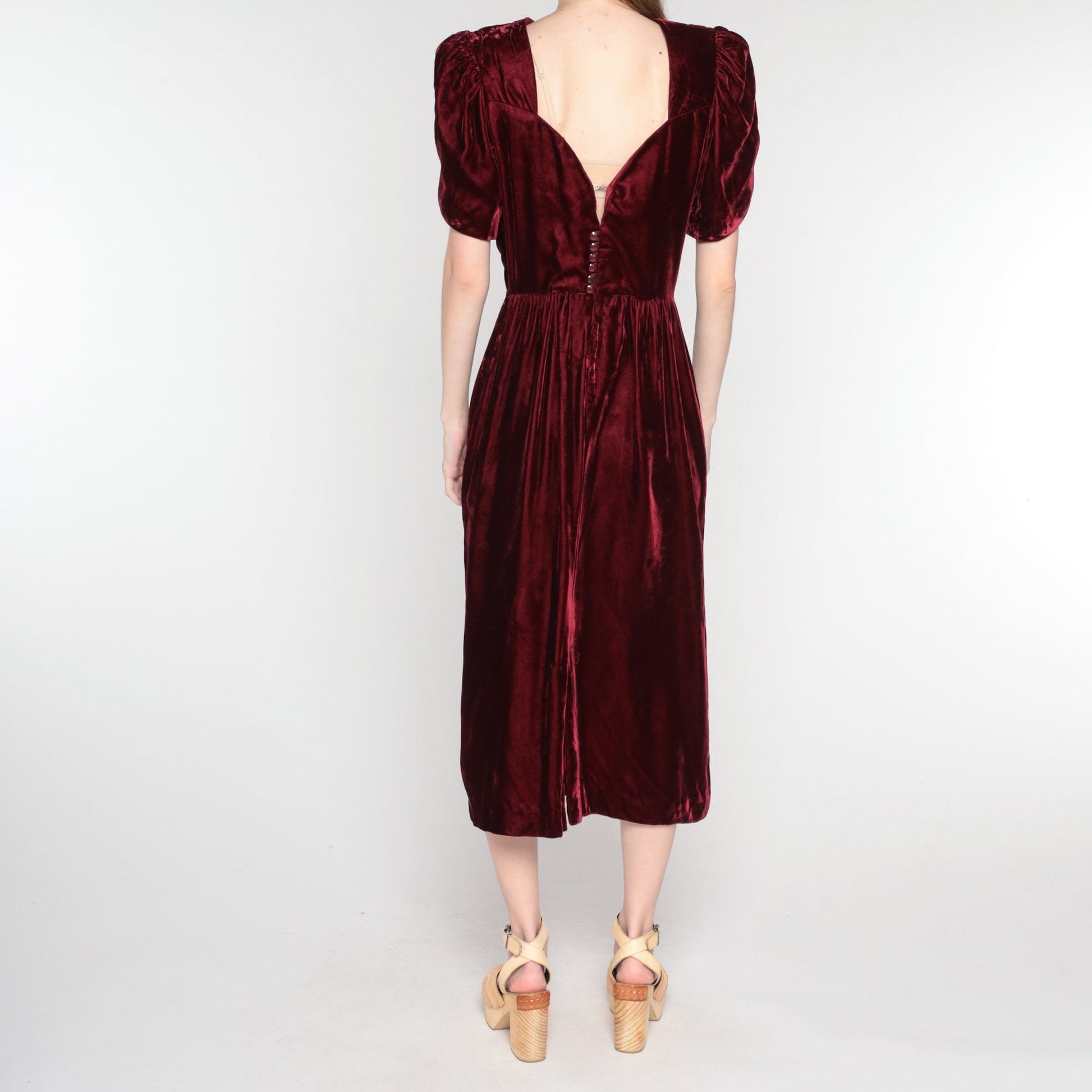 80s Lands End Burgundy Velvet Midi Dress Puff Sleeve Low Back Medium