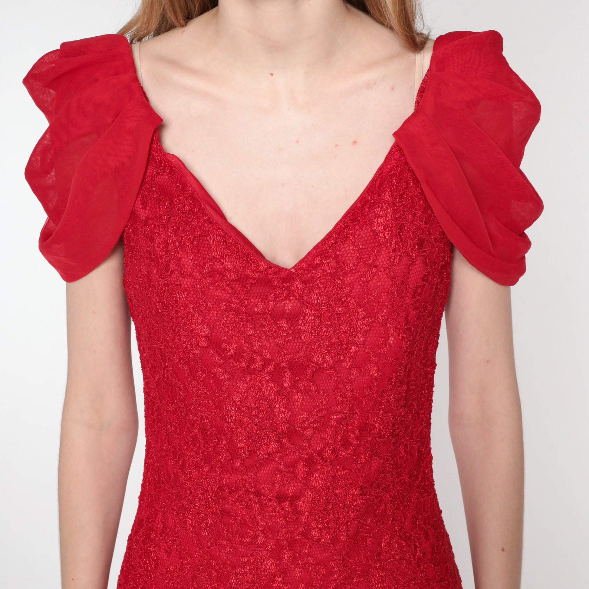 90s Red Lace Mini Dress Sheath Draped Sleeve Cocktail Extra Small