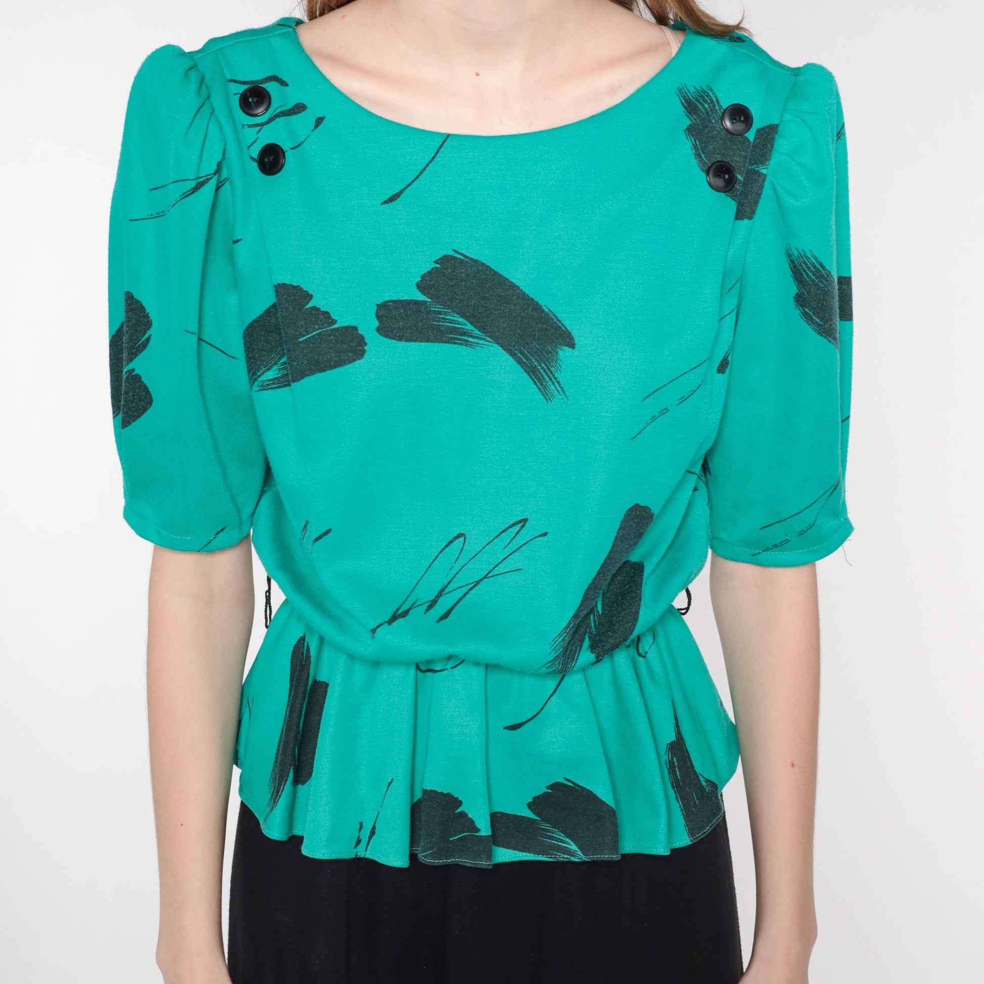 80s Peplum Midi Dress Black Green Brushstroke Print Puff Sleeve Small