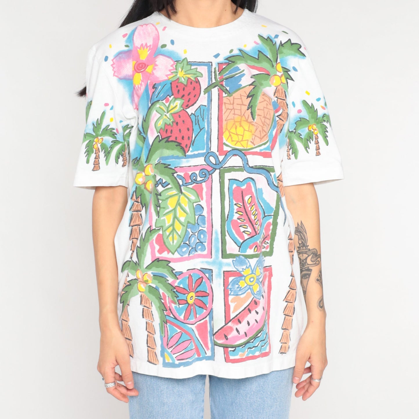 90s Tropical Fruit Palm Tree Graphic T-Shirt Cotton Single Stitch Medium Large