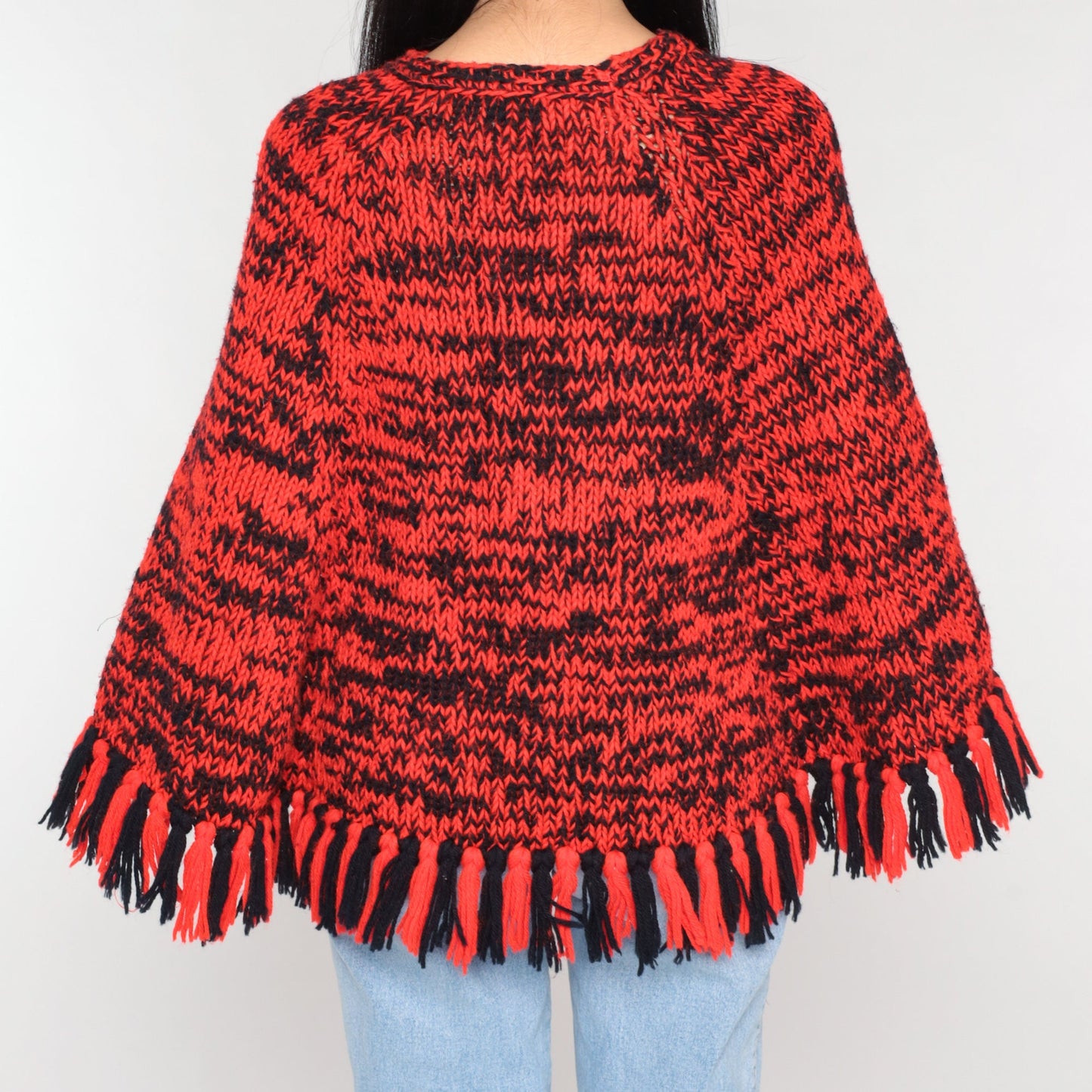 70s Red Black Space Dye Knit Poncho Fringe Shawl Cape