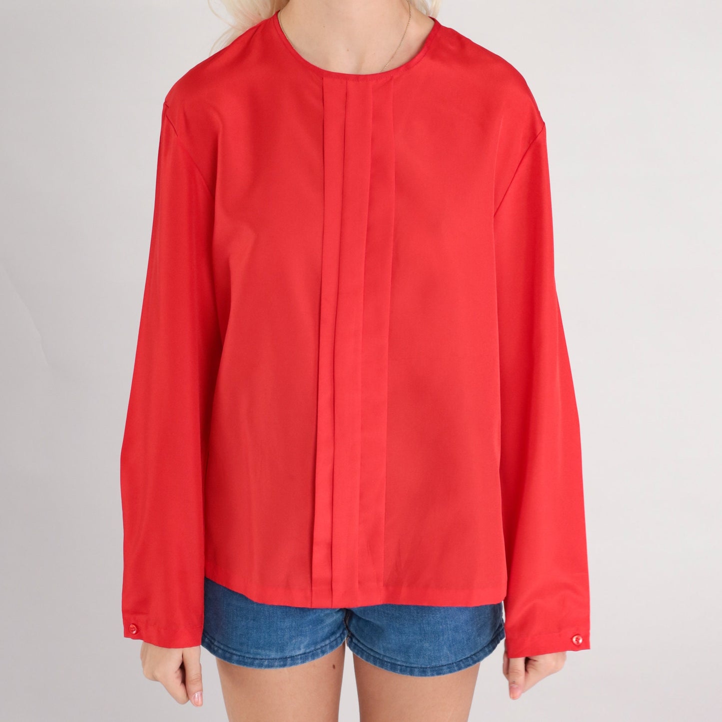 80s Red Pleated Long Sleeve Blouse Keyhole Button Back Medium
