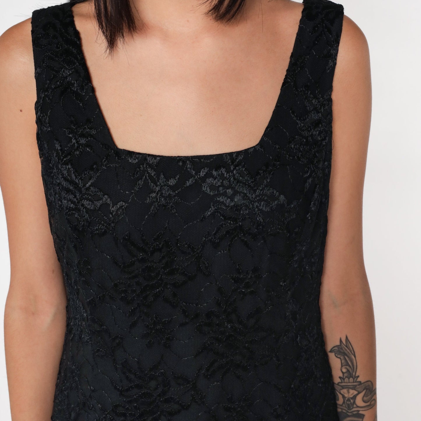 90s Black Lace Mini Dress Drop Waist Square Neck Sleeveless Large 12