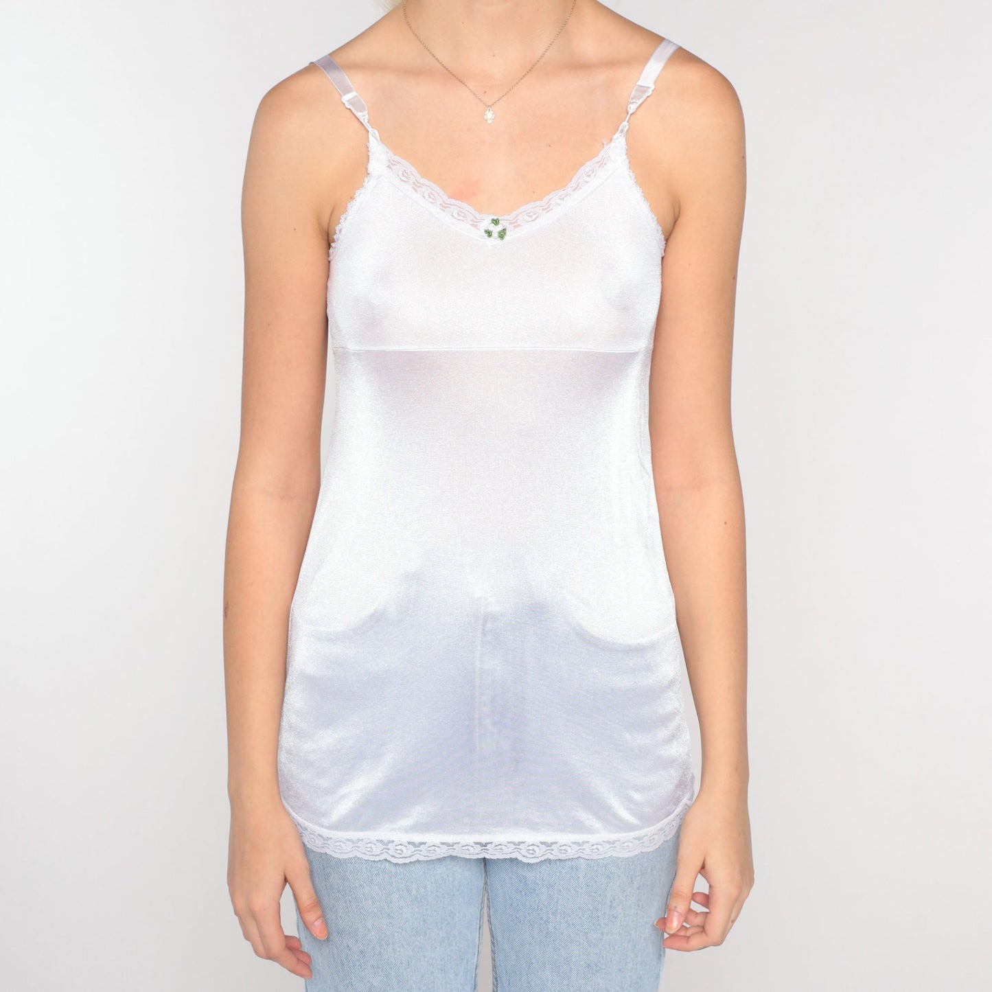 80s White Nylon Camisole Spaghetti Strap Floral Applique Tank XXS