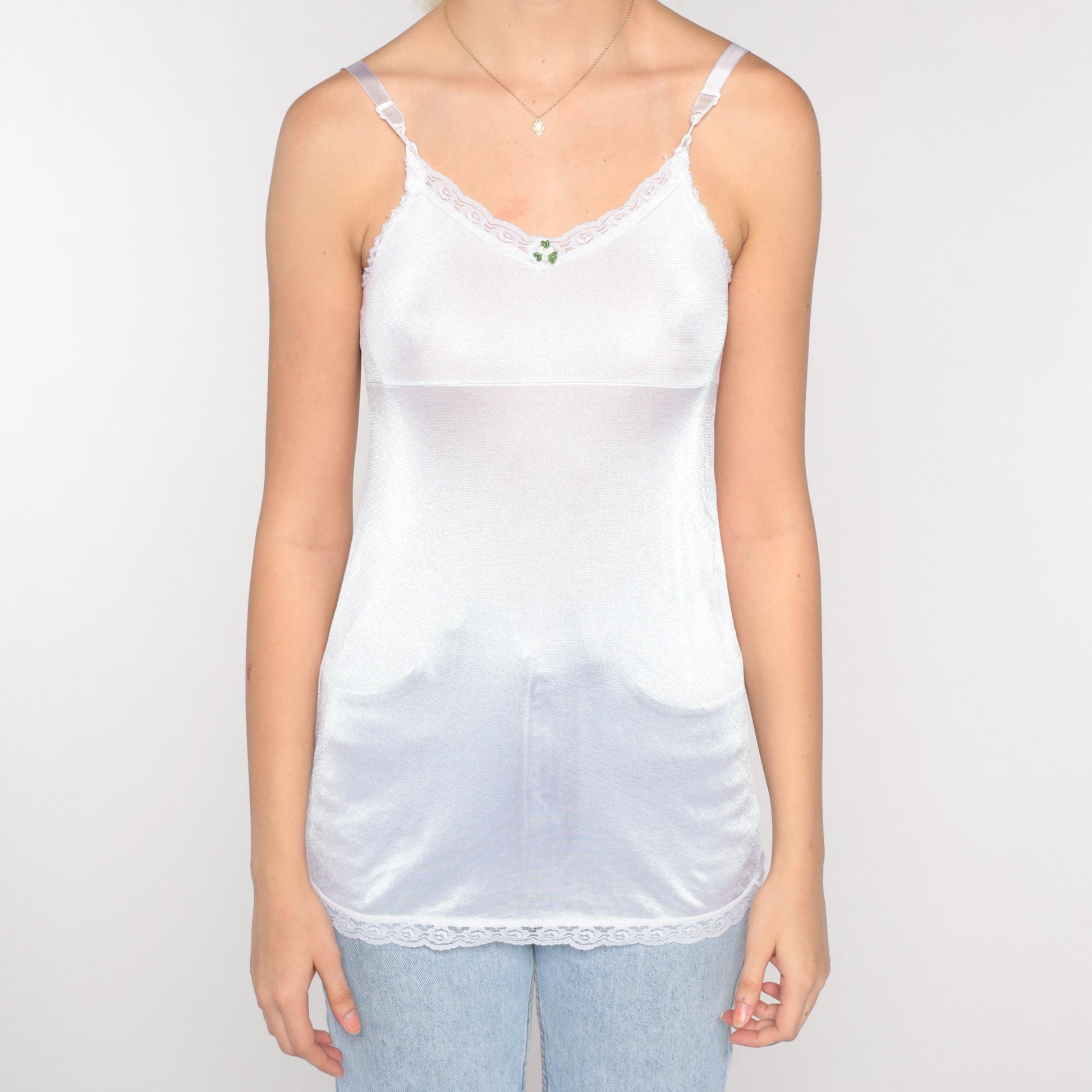 80s White Nylon Camisole Spaghetti Strap Floral Applique Tank XXS