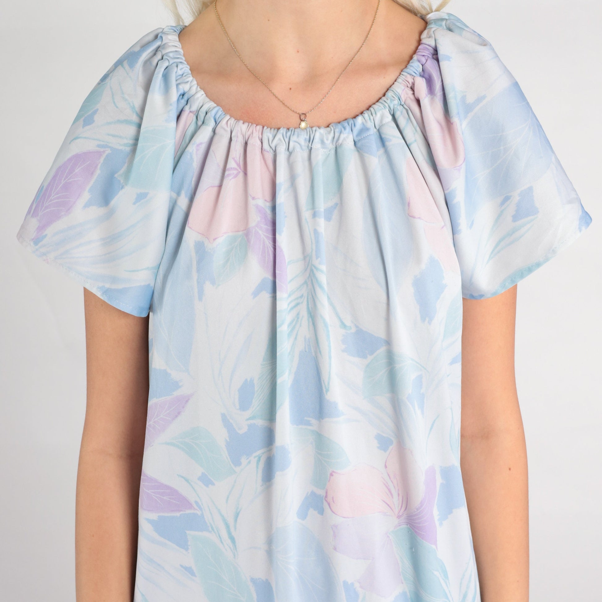 70s Pastel Blue Floral Shift Dress Short Sleeve Midi Medium Large