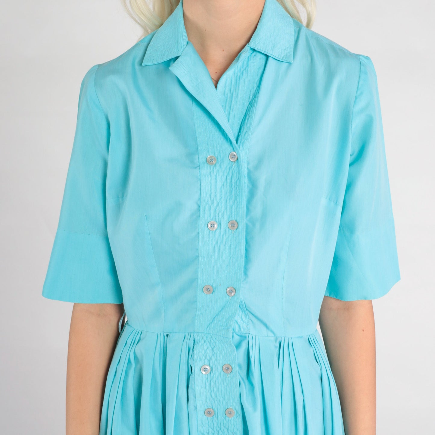 60s Robin's Egg Blue Cotton Midi Shirtdress Button-Up Pleated Small
