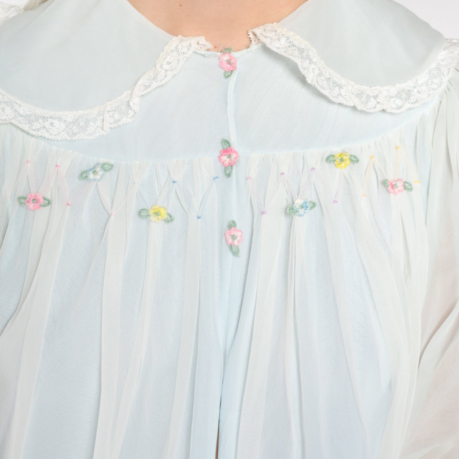 70s Baby Blue Bed Jacket Nylon Lace Trim Puff Sleeve Rosette Extra Small
