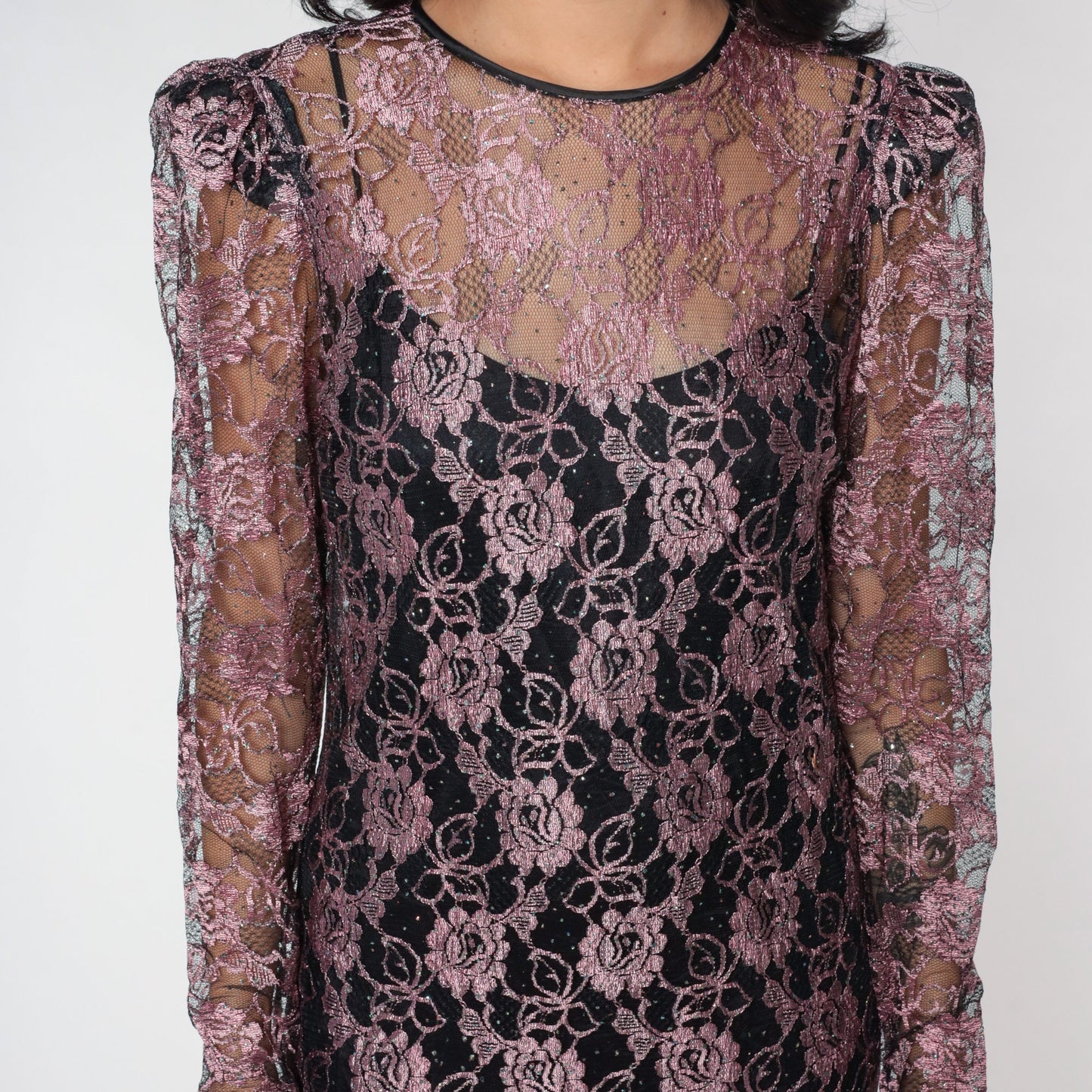 80s Cache Pink Lace Midi Dress Rhinestone Puff Sleeve Illusion Neckline Small