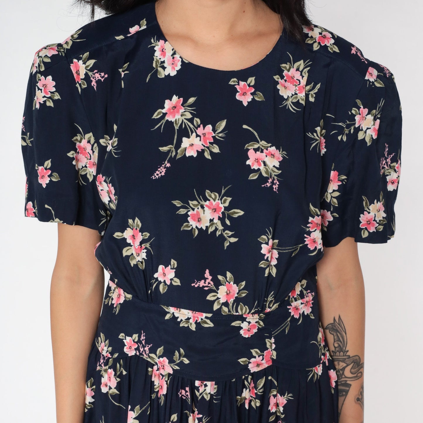 90s Navy Floral Maxi Dress Empire Waist Button Back Short Sleeve Small