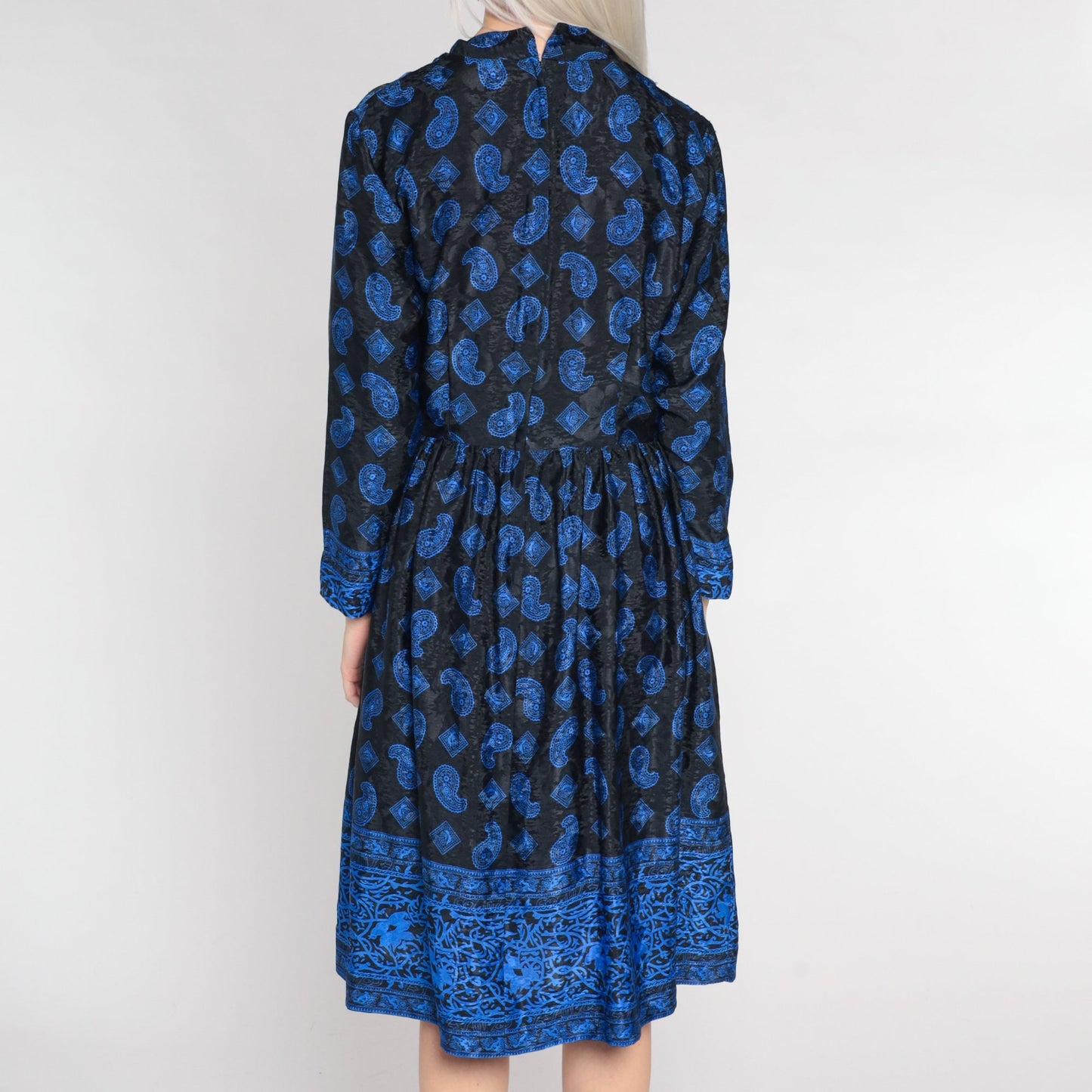 80s Black Blue Paisley Midi Dress Long Sleeve Mock Neck High Waisted Small