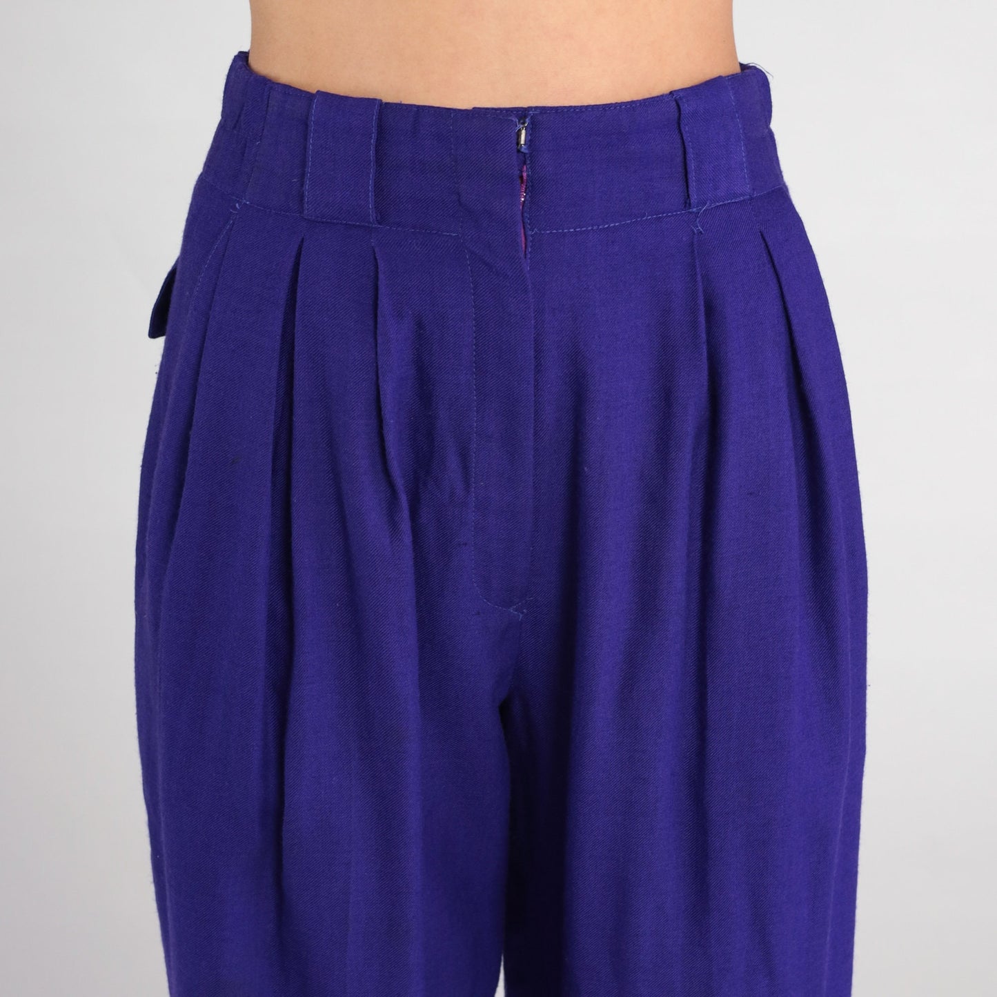 80s Purple Wool High-Waisted Pleated Trousers Straight Leg Small