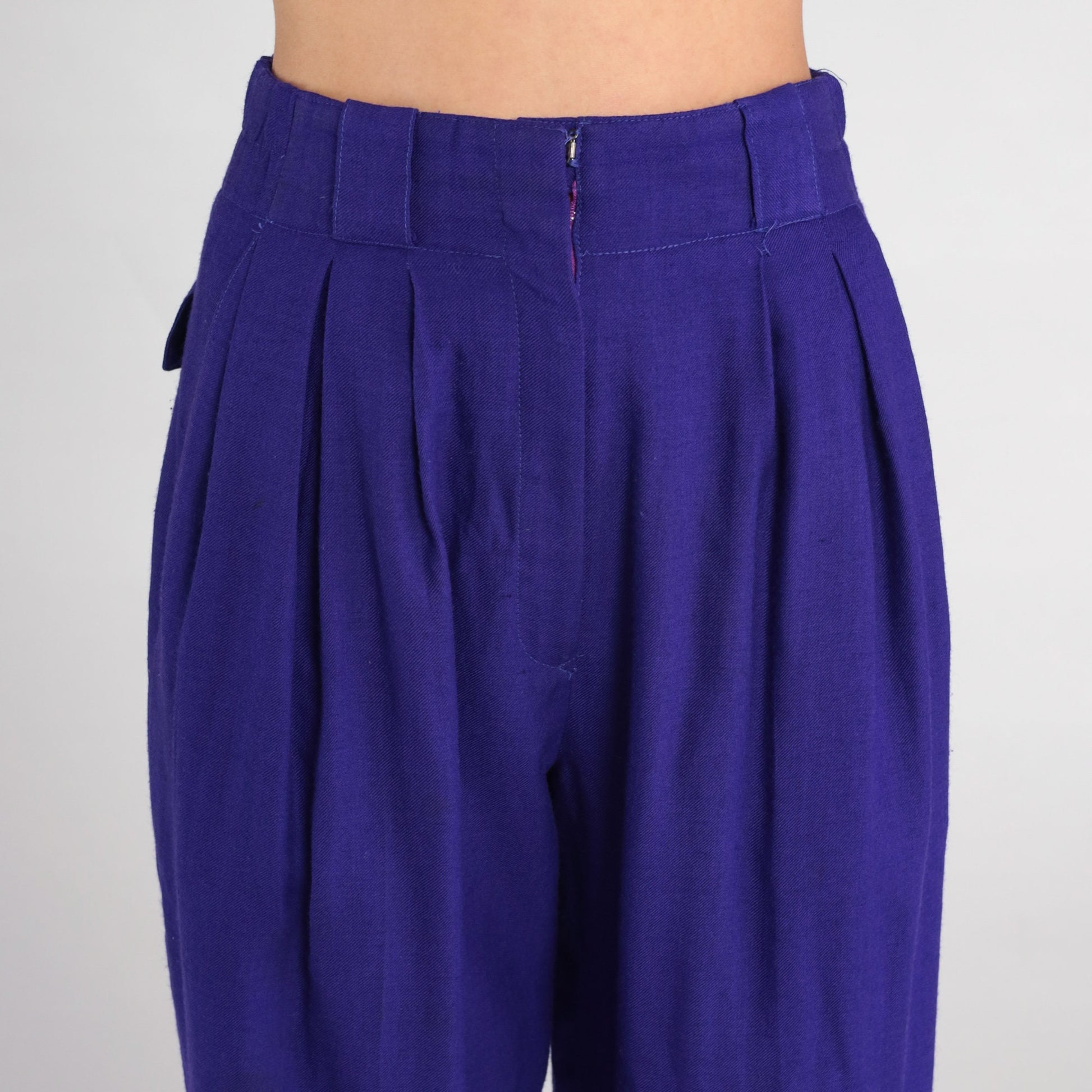 80s Purple Wool High-Waisted Pleated Trousers Straight Leg Small