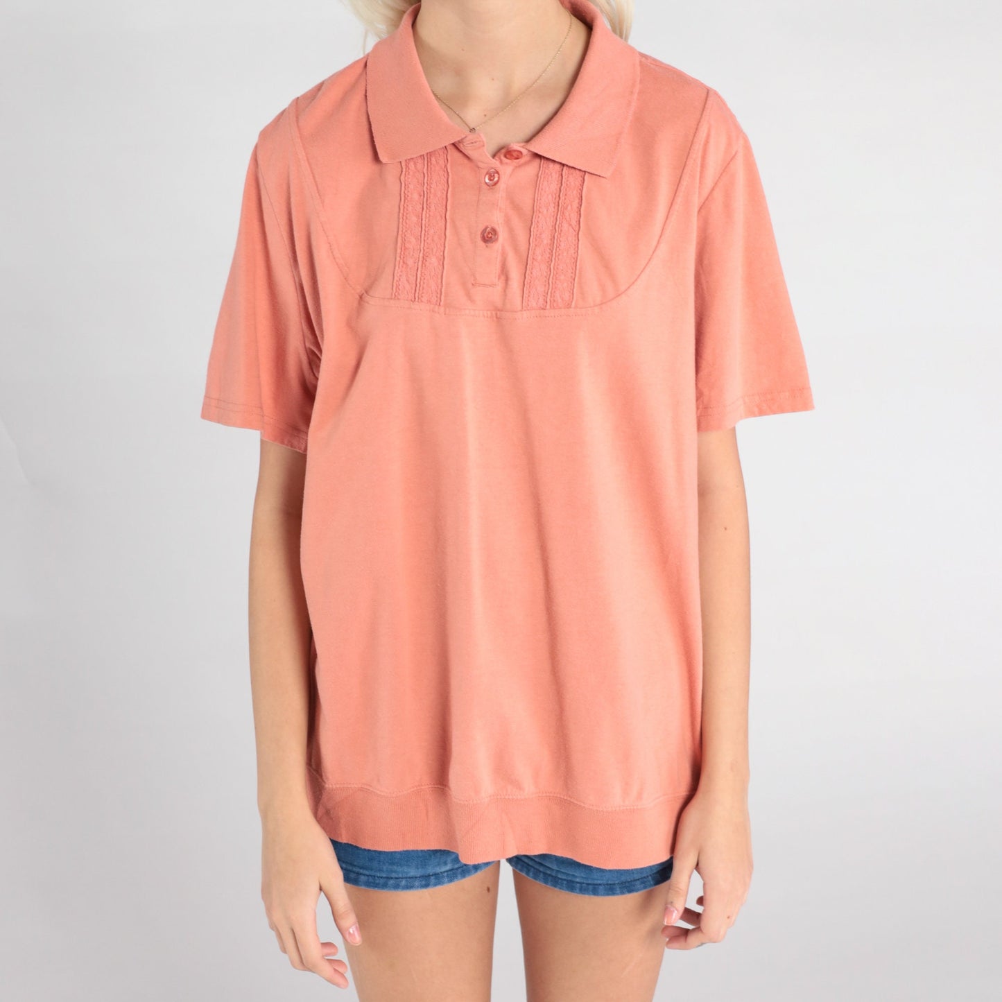 90s Salmon Pink Polo Shirt Lace Trim Quarter Button Collared Extra Large