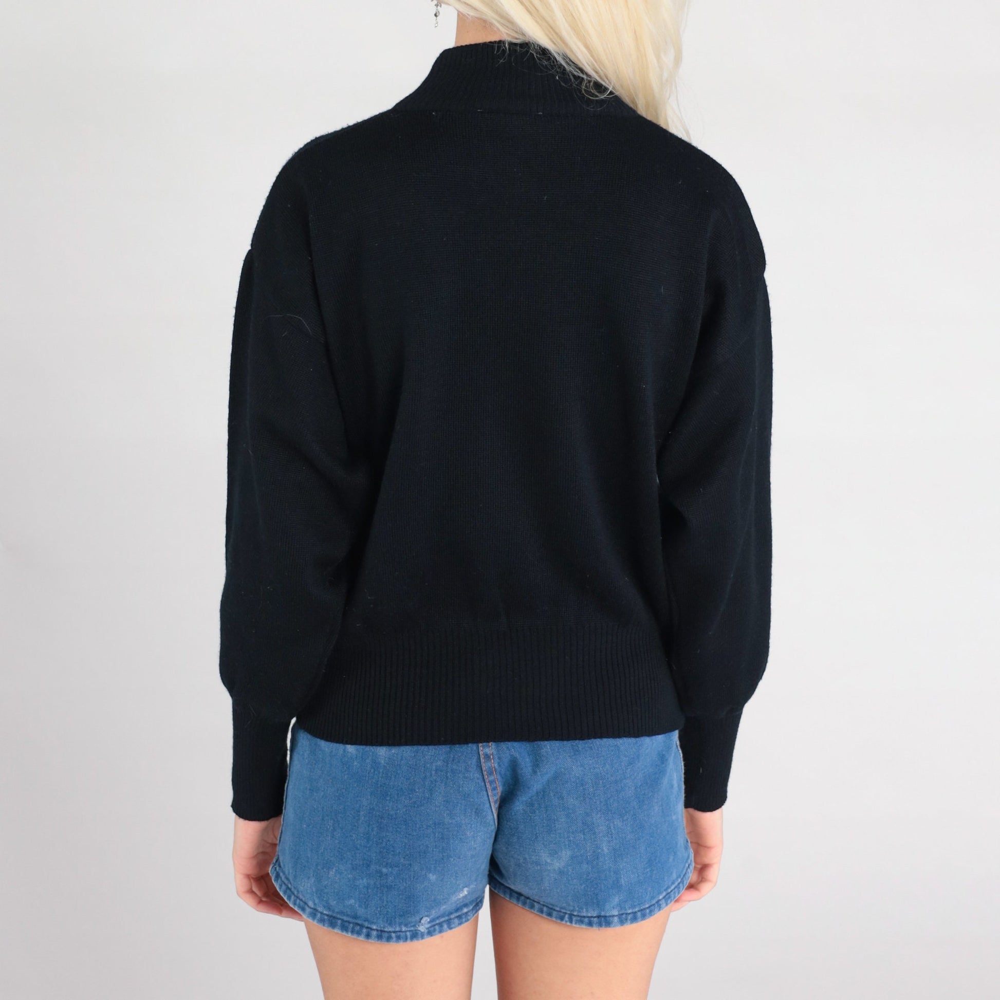 80s Meister Wool Embroidered Floral Mock Neck Sweater Black Small