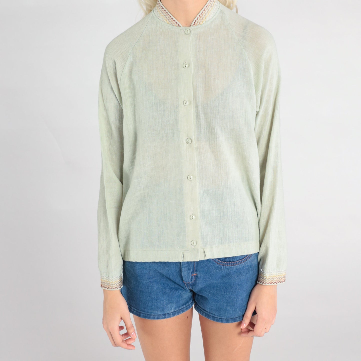 70s Sage Green Semi-Sheer Button-Up Blouse Embroidered Raglan Sleeve Small