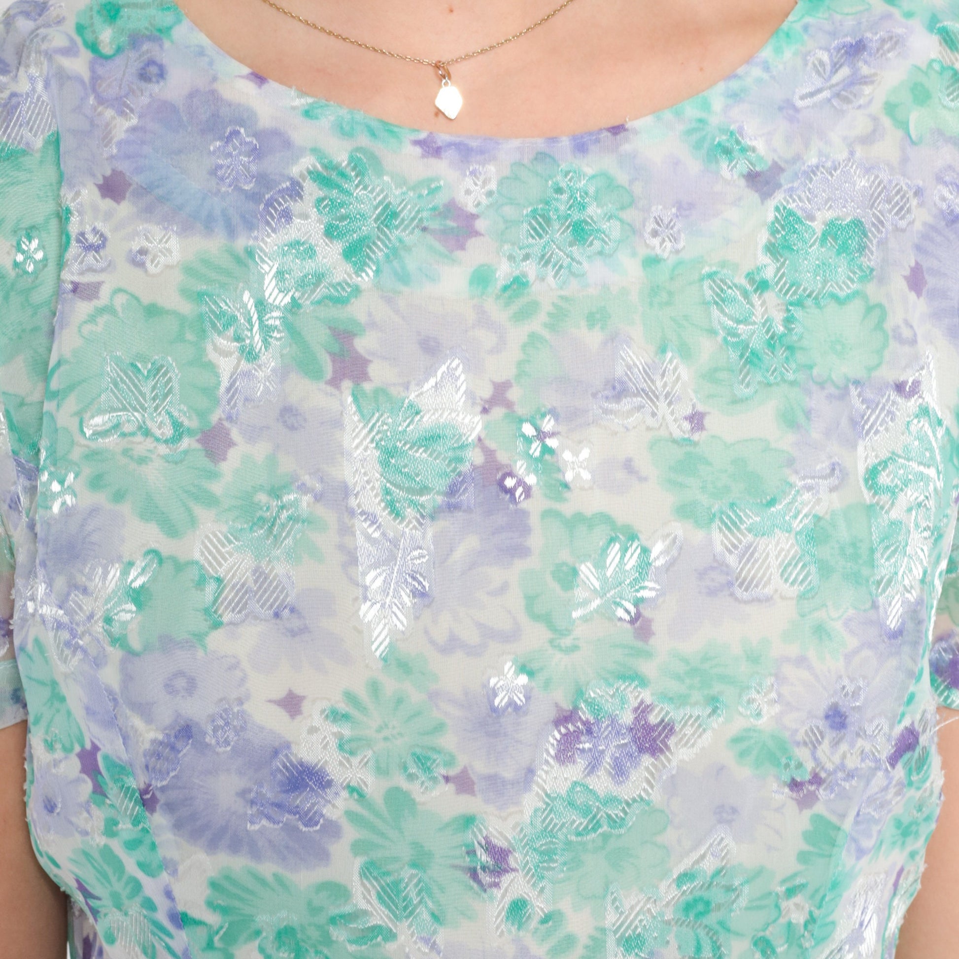 80s Floral Peplum Dress Puff Sleeve Knee-Length White Purple Green Small