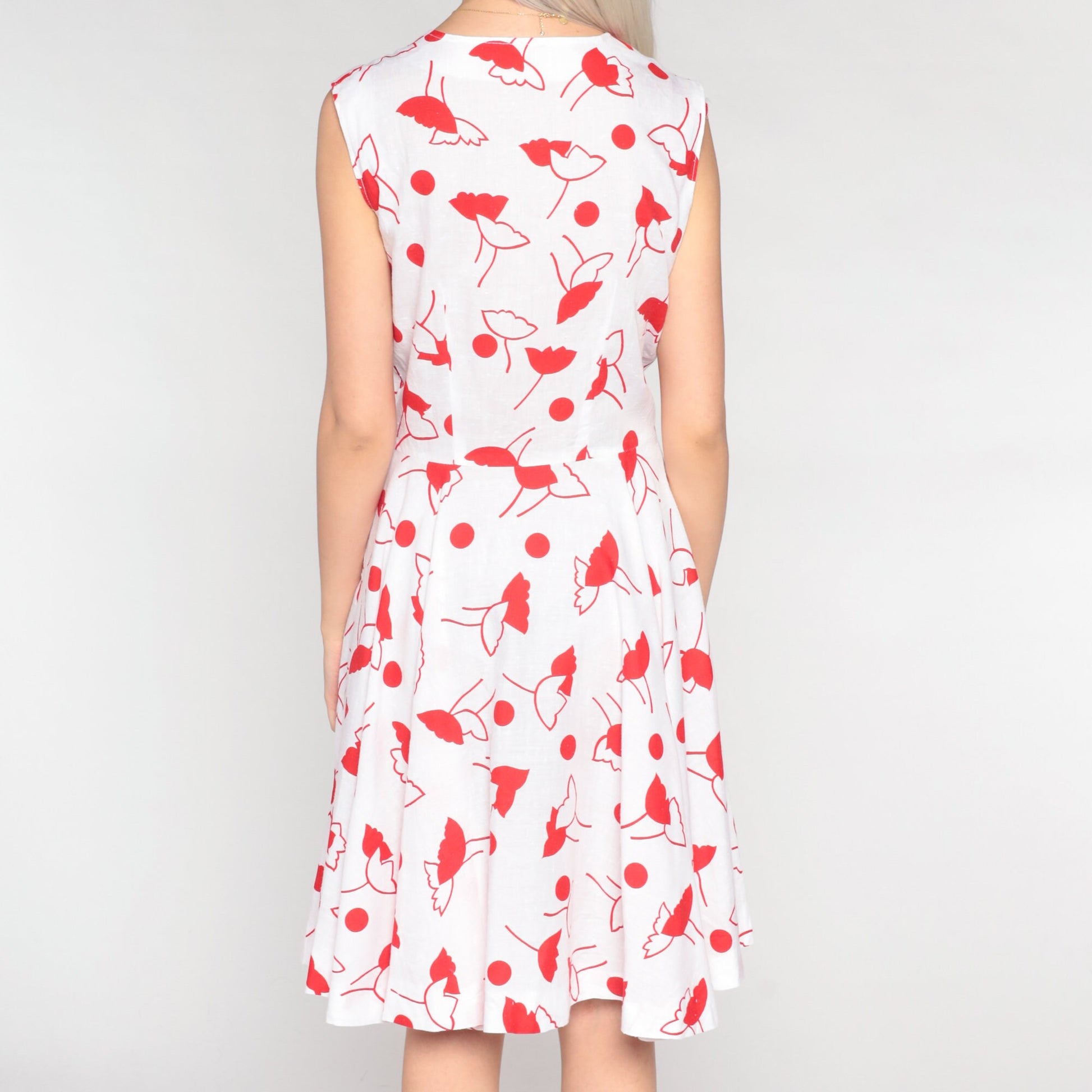80s White Red Floral Mini Dress Queen Anne Neckline Sleeveless Small