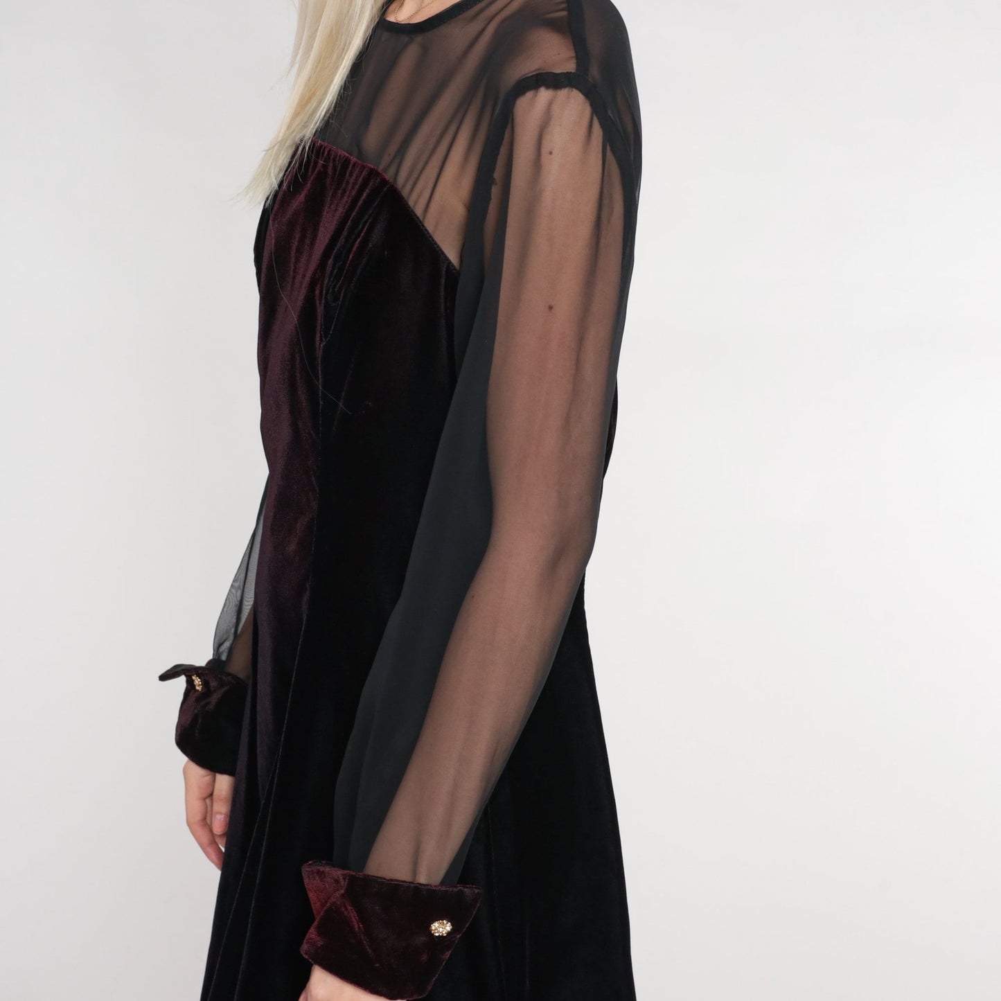 90s Black Velvet Mini Dress Illusion Neckline Long Sleeve Party Large