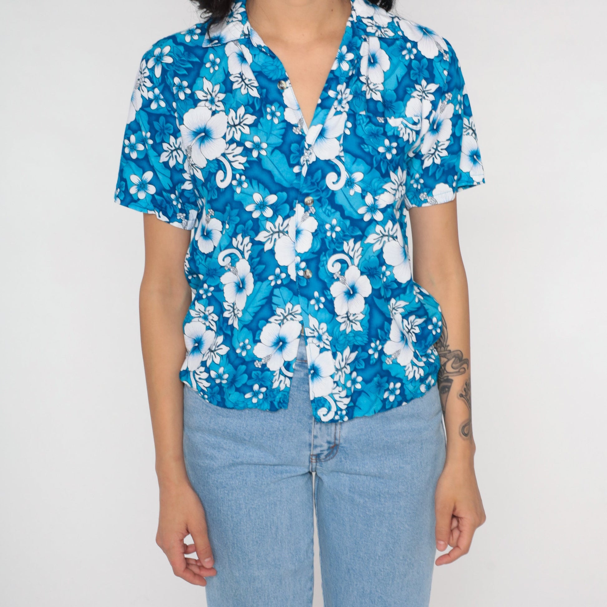 90s Blue Hawaiian Floral Button Up Blouse Short Sleeve Extra Small