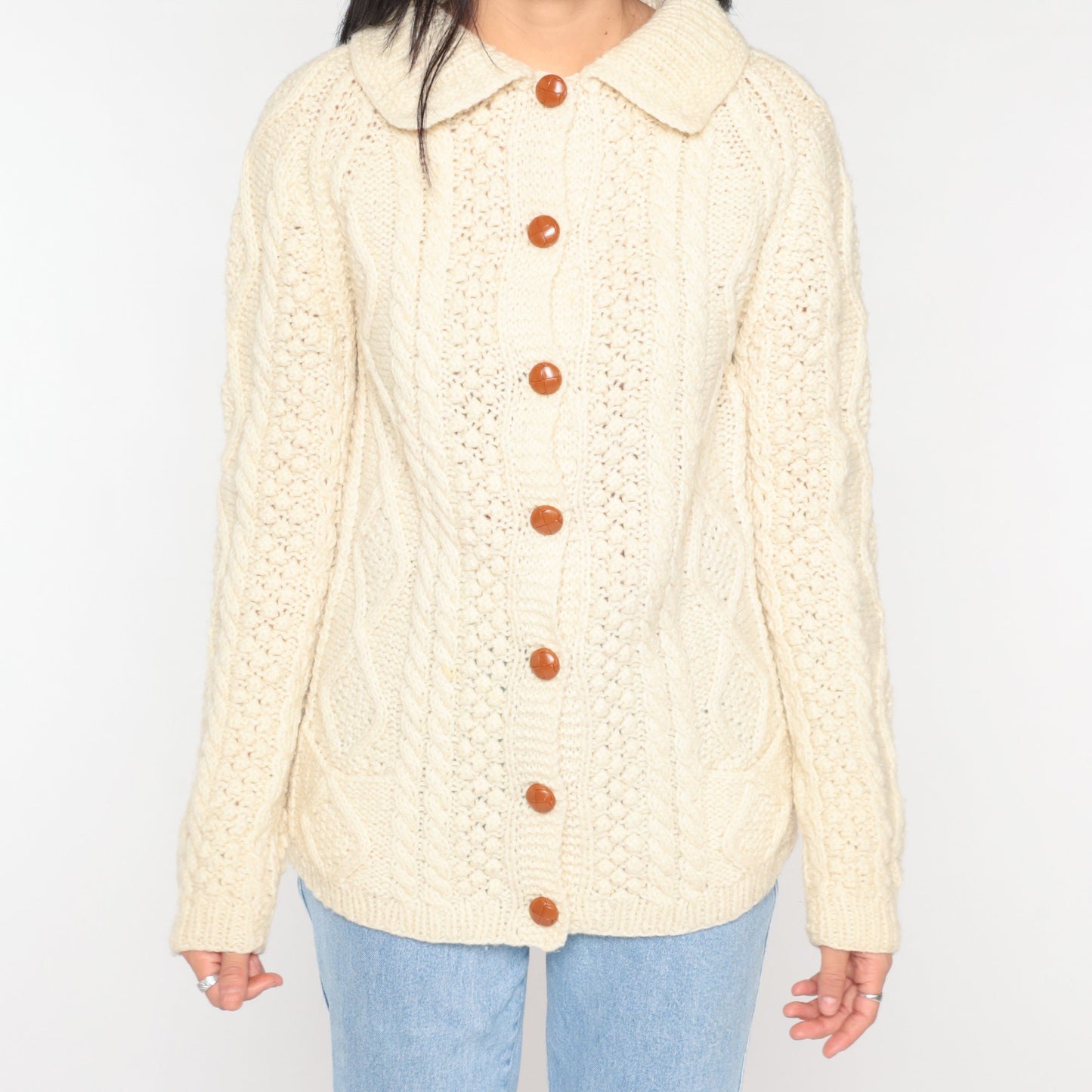 90s Cream Cable Knit Cardigan Button-Up Collared Sweater Small S