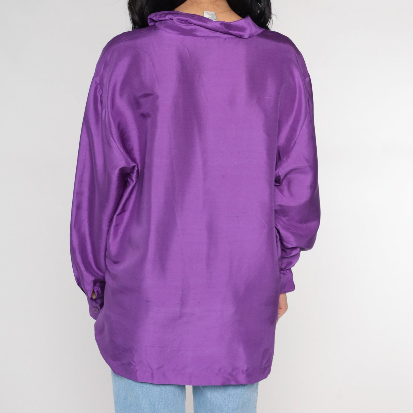 90s Purple Silk Button-Up Blouse Long Sleeve Collared Shirt Large L