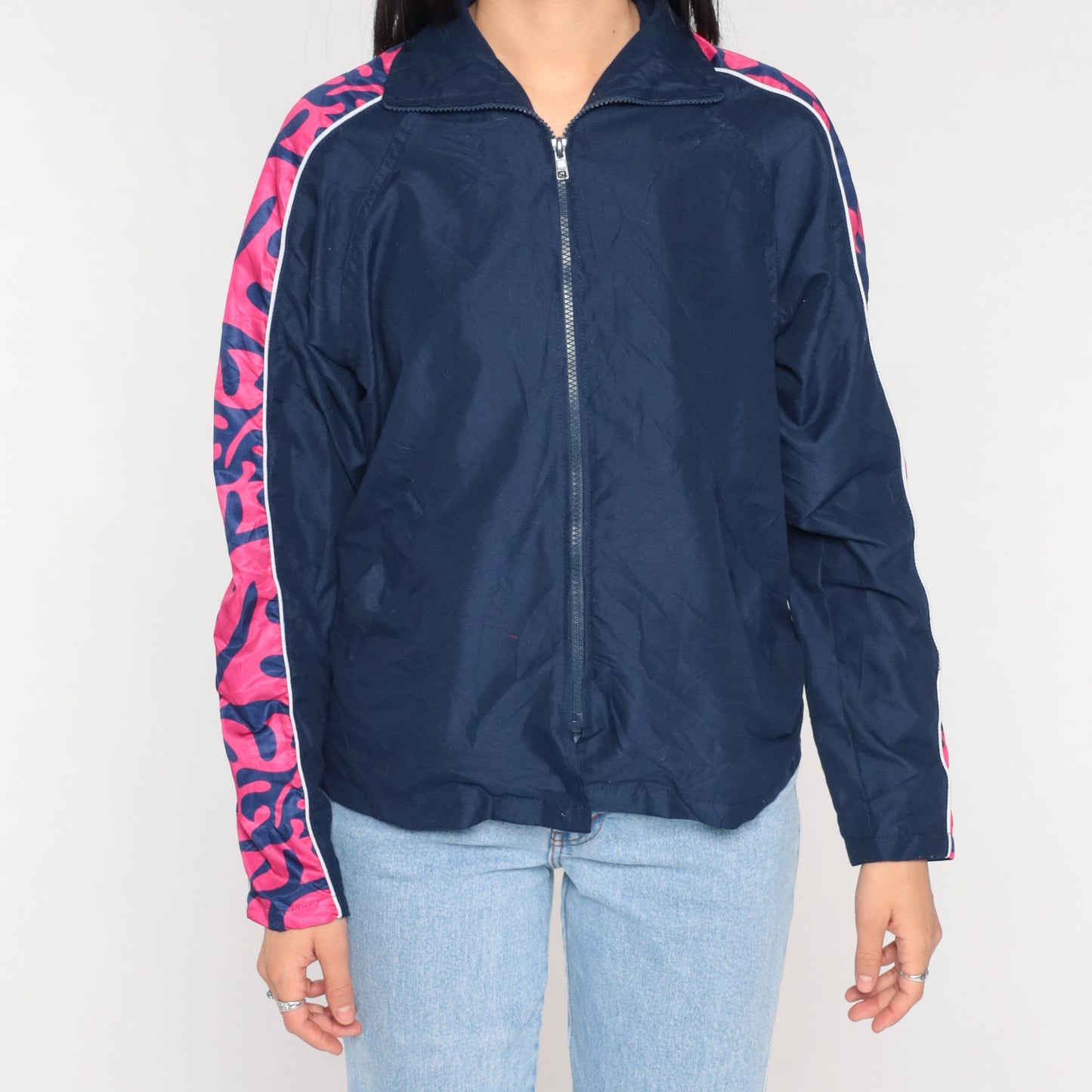00s Navy Windbreaker Jacket Pink Abstract Print Zip-Up Extra Small