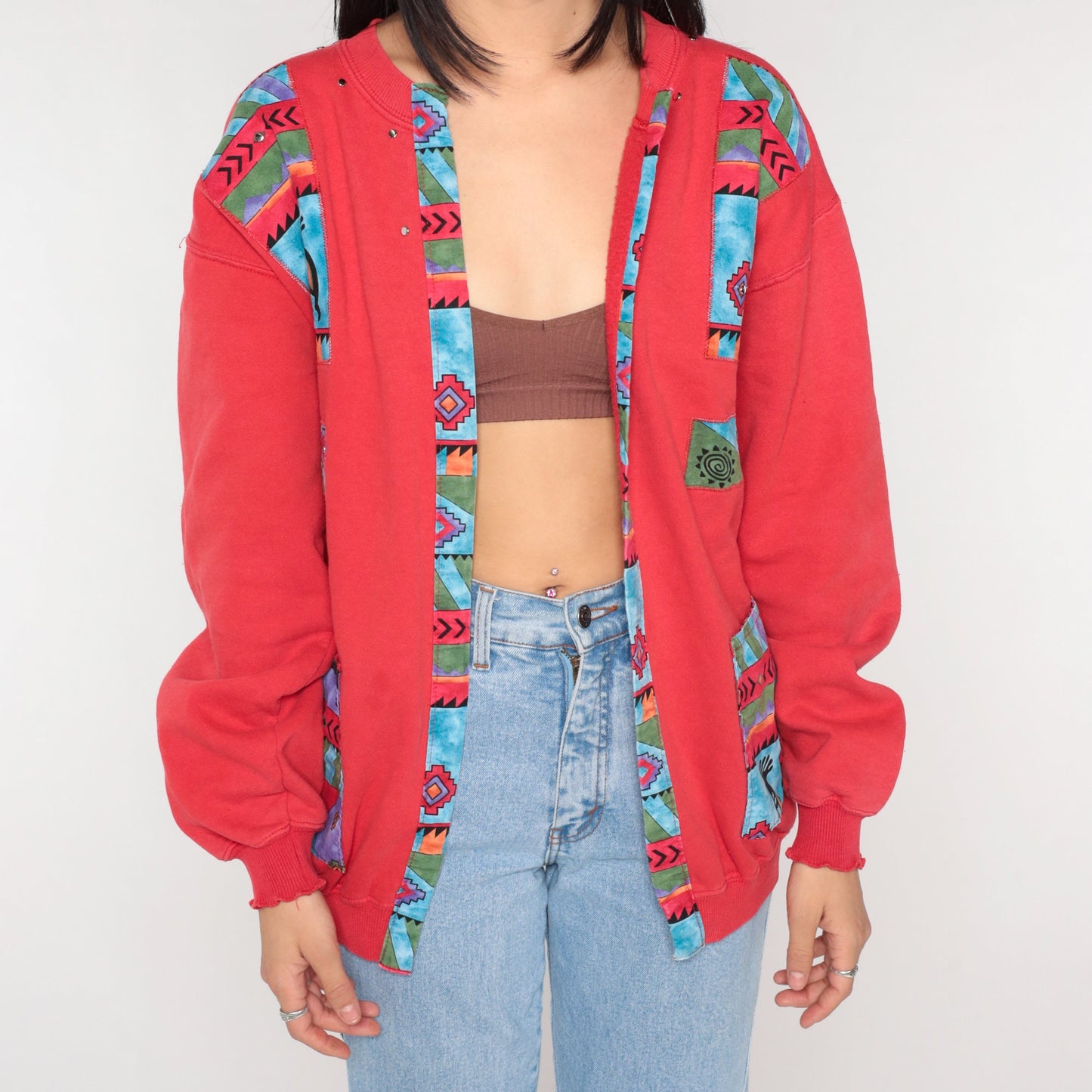 Y2K Southwestern Sweatshirt Cardigan Red Kokopelli Print Open Front Medium M