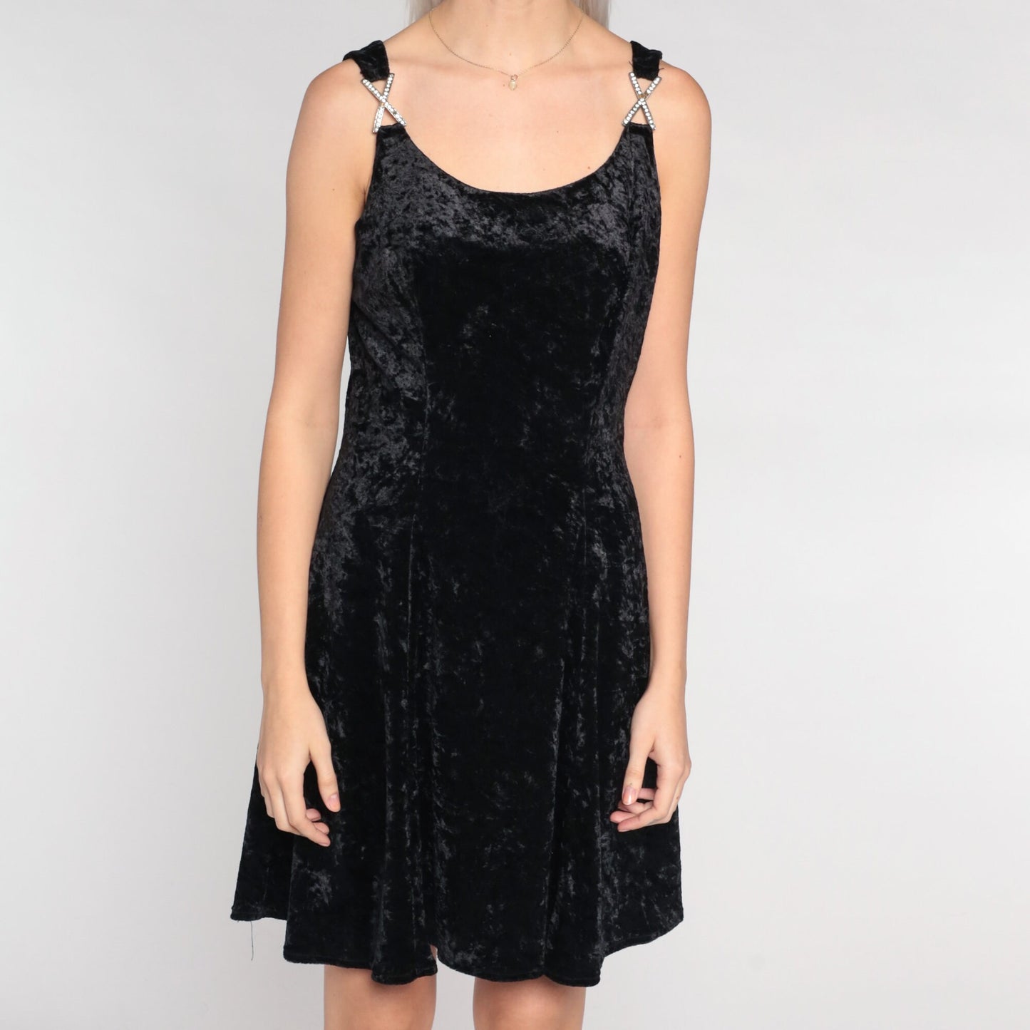 90s Black Velvet Mini Dress Rhinestone Buckle Sleeveless Skater Medium M