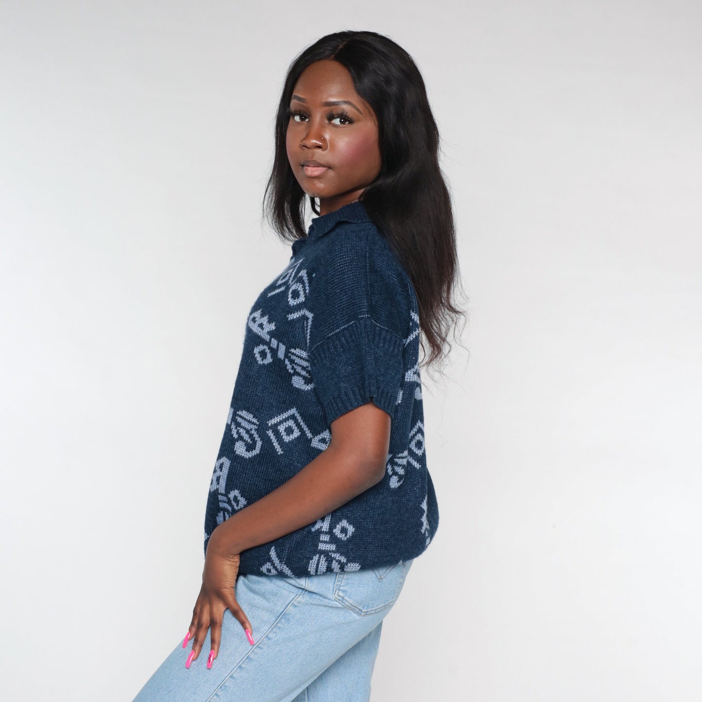90s Navy Knit Polo Shirt Geometric Print Collared Short Sleeve Large