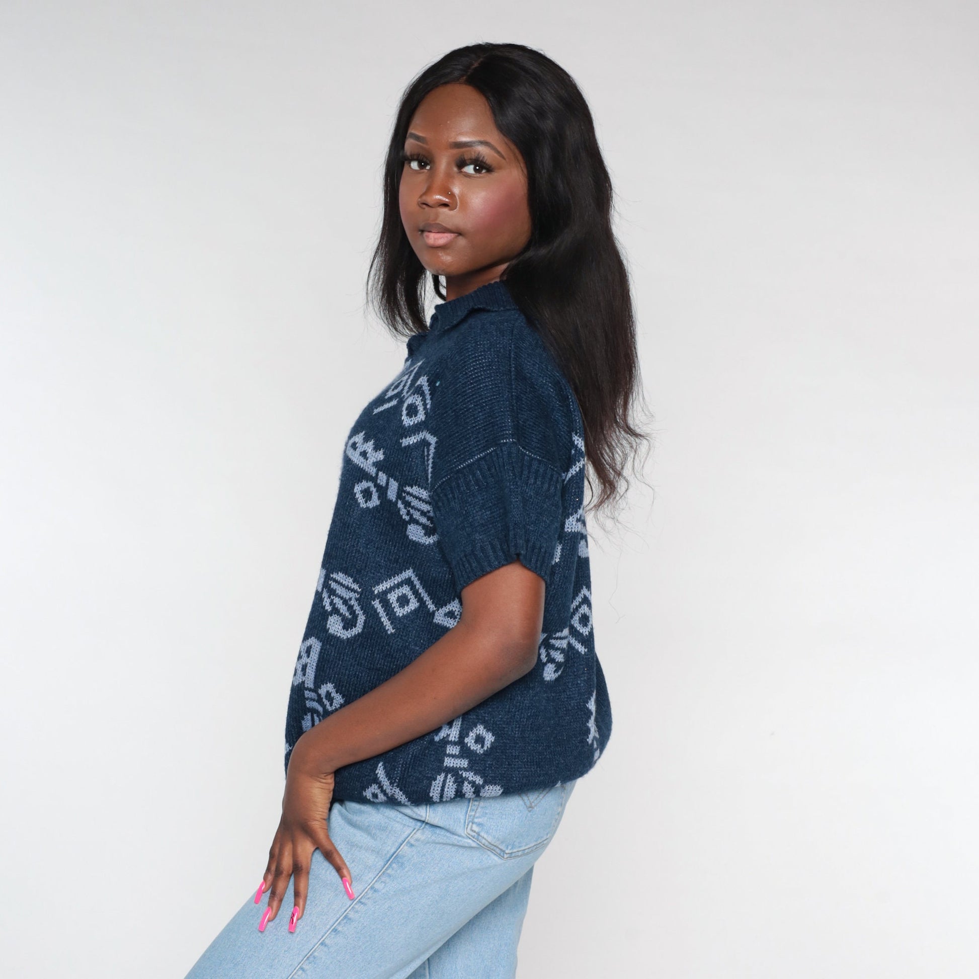 90s Navy Knit Polo Shirt Geometric Print Collared Short Sleeve Large