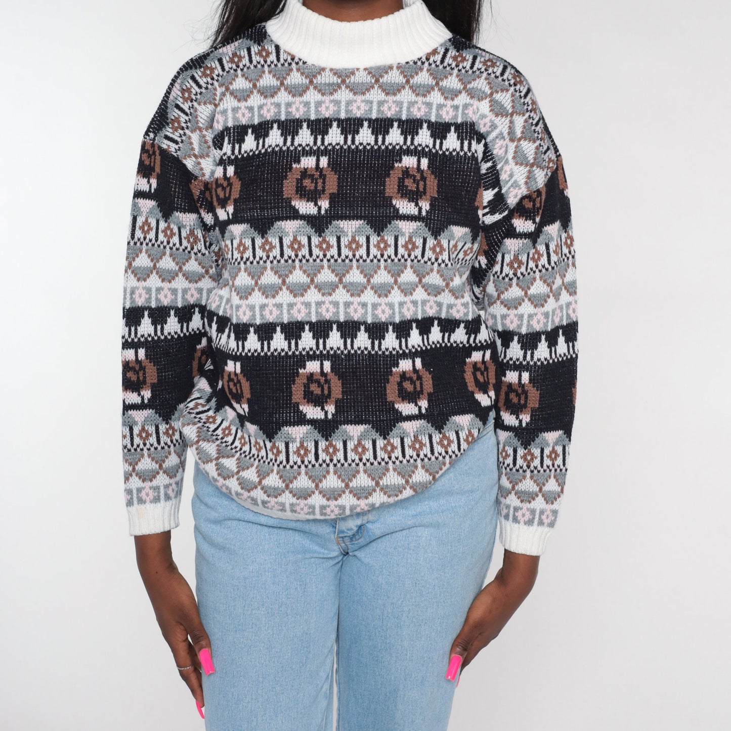 90s Geometric Fair Isle Knit Sweater Mock Neck Pullover Black White Grey Brown Medium