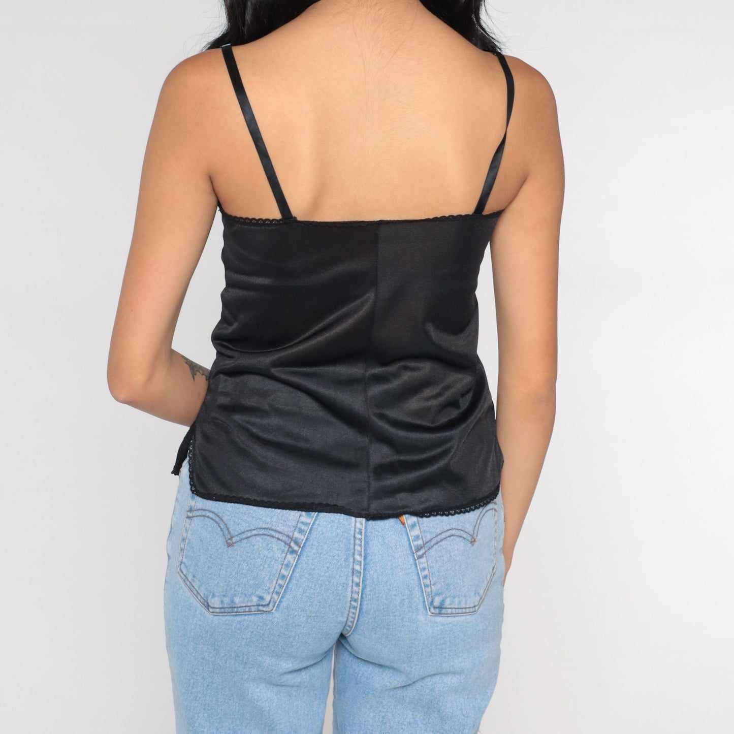 70s Black Camisole Lace Trim Nylon Cami Lingerie Top Small