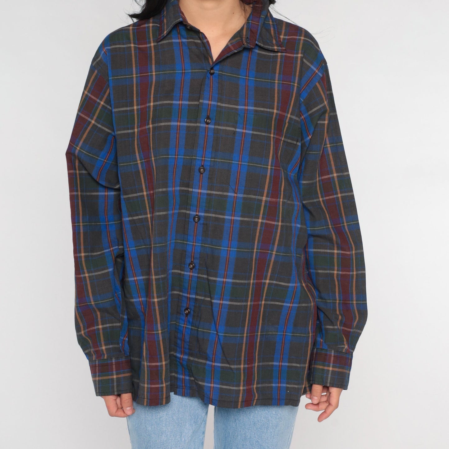 90s Grey Blue Plaid Button-Up Shirt Long Sleeve Mens Large L
