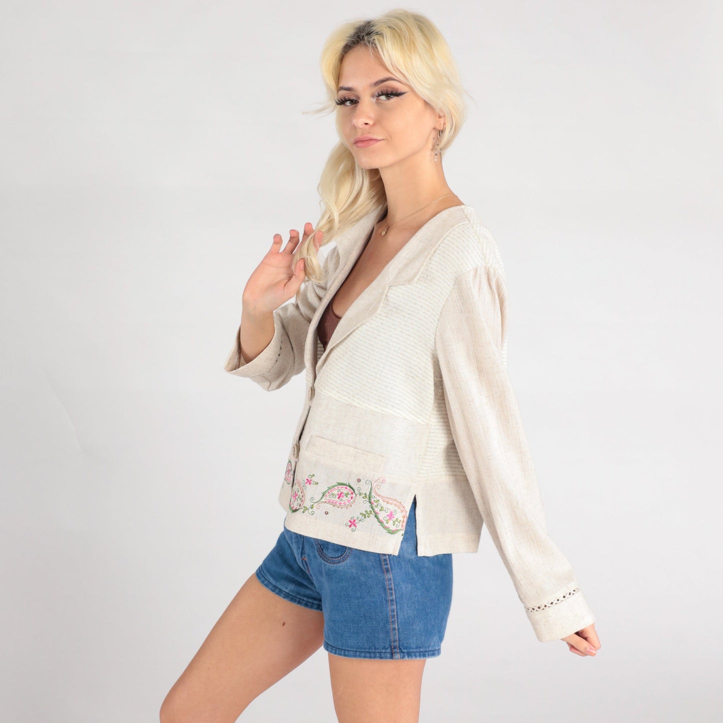 90s Paisley Embroidered Blazer Beige Deep V-Neck Button-Up Small S