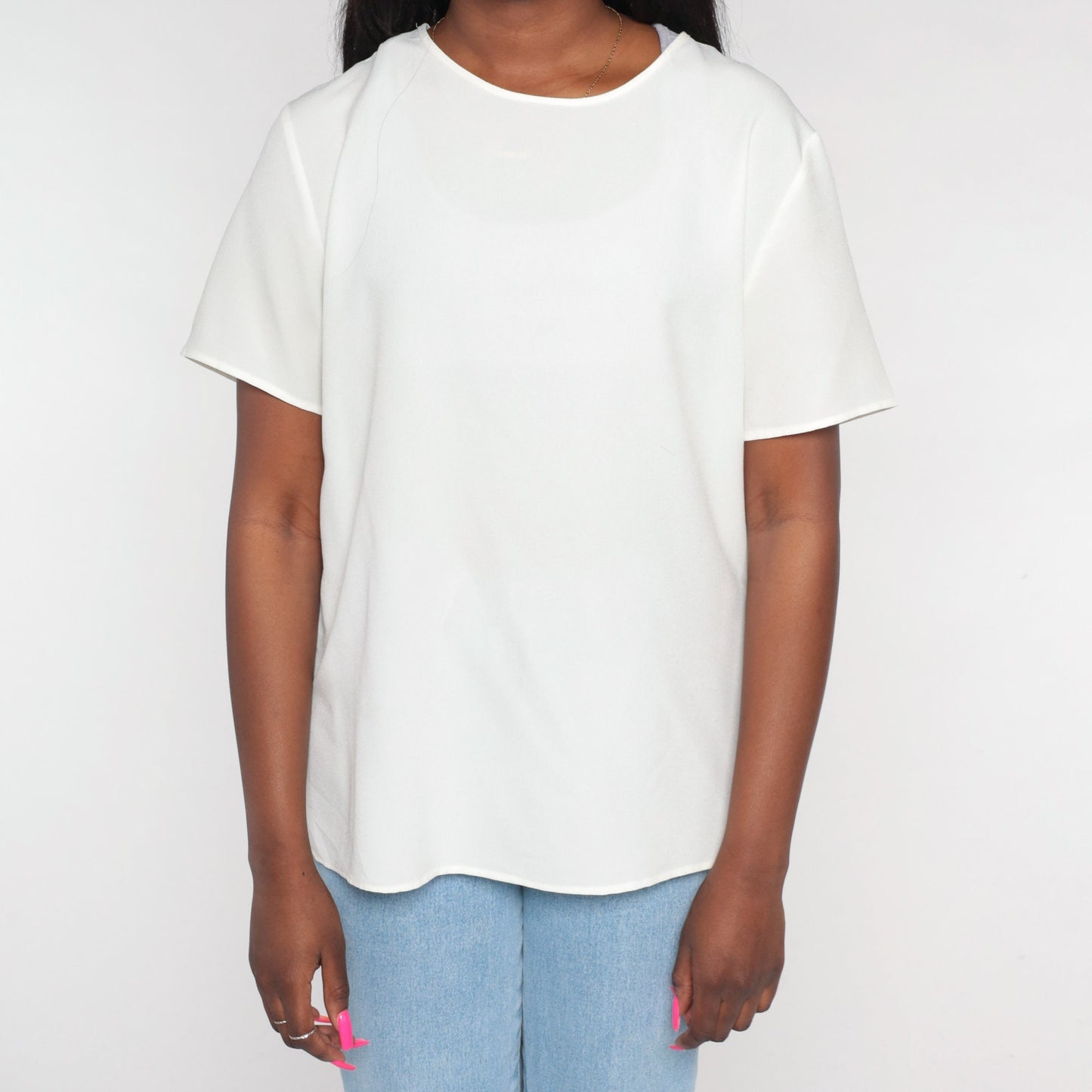 80s White Short Sleeve Blouse Keyhole Back Button Large L