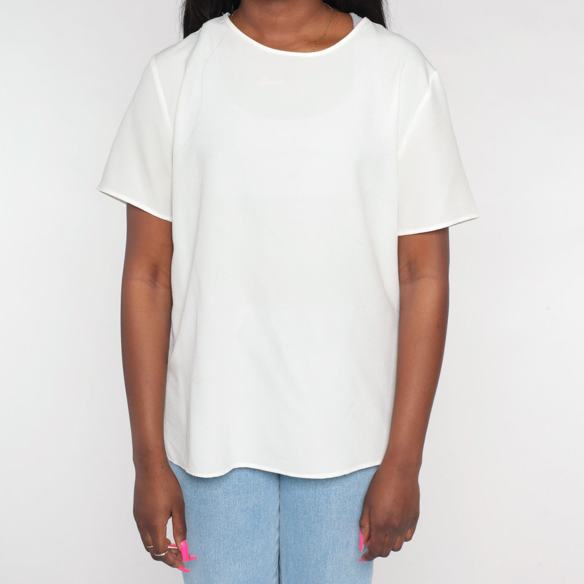 80s White Short Sleeve Blouse Keyhole Back Button Large L