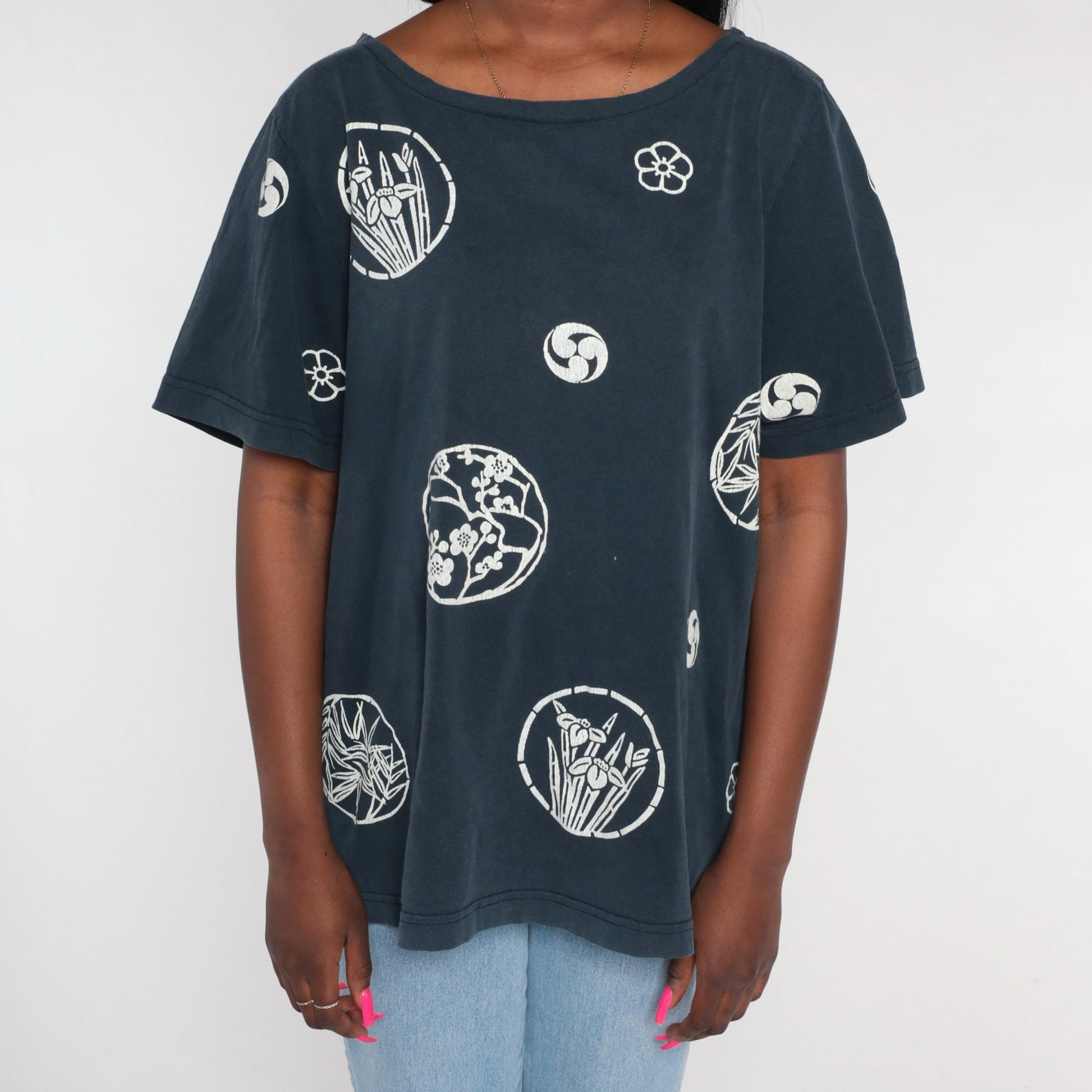 90s Japanese Floral Graphic Tee Black Cotton Cherry Blossom Extra Large XXL
