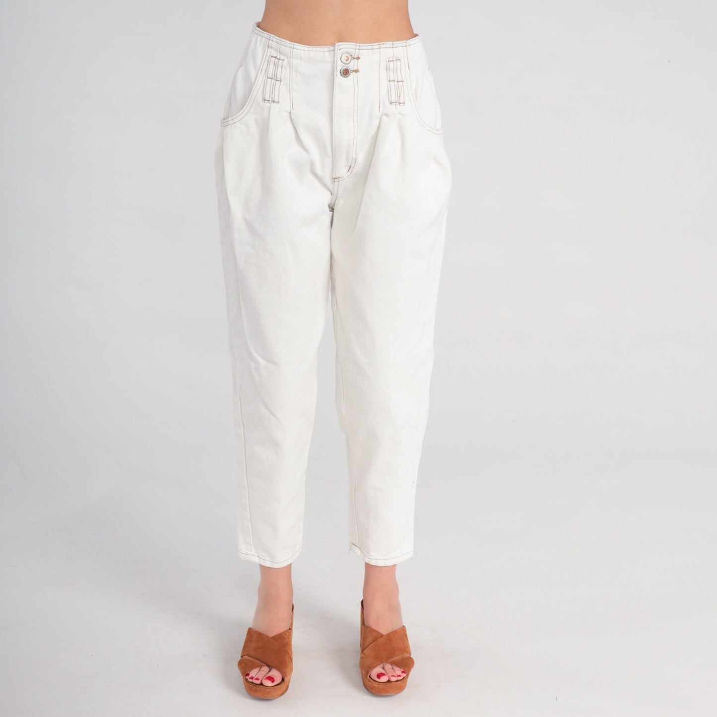 80s Pleated White Denim Jeans High Waist Tapered Cotton Small