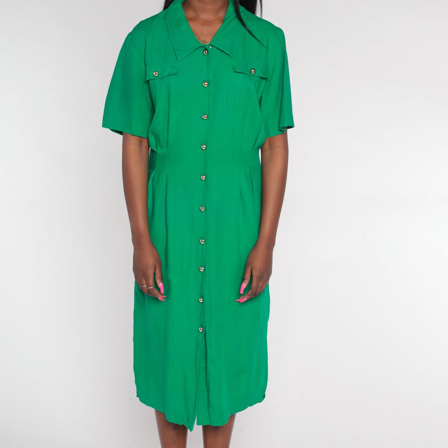 90s Green Silk Midi Shirtdress Short Sleeve Button-Up Medium