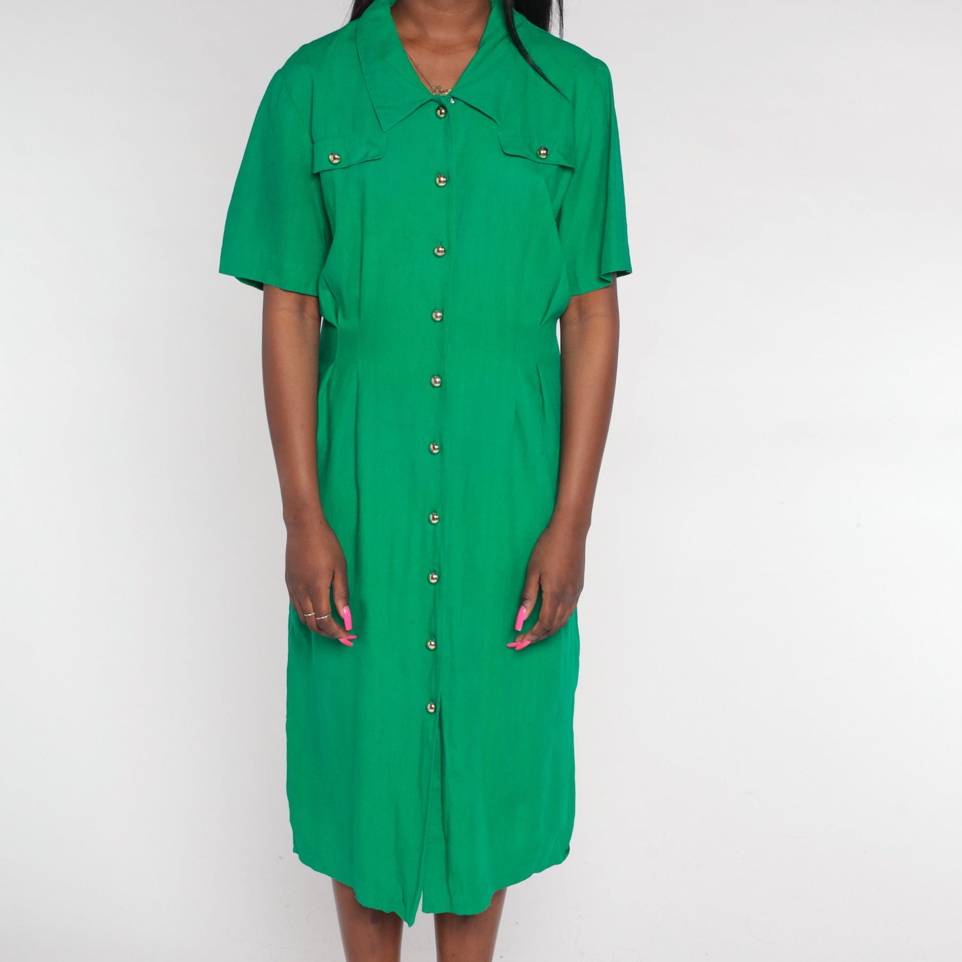 90s Green Silk Midi Shirtdress Short Sleeve Button-Up Medium