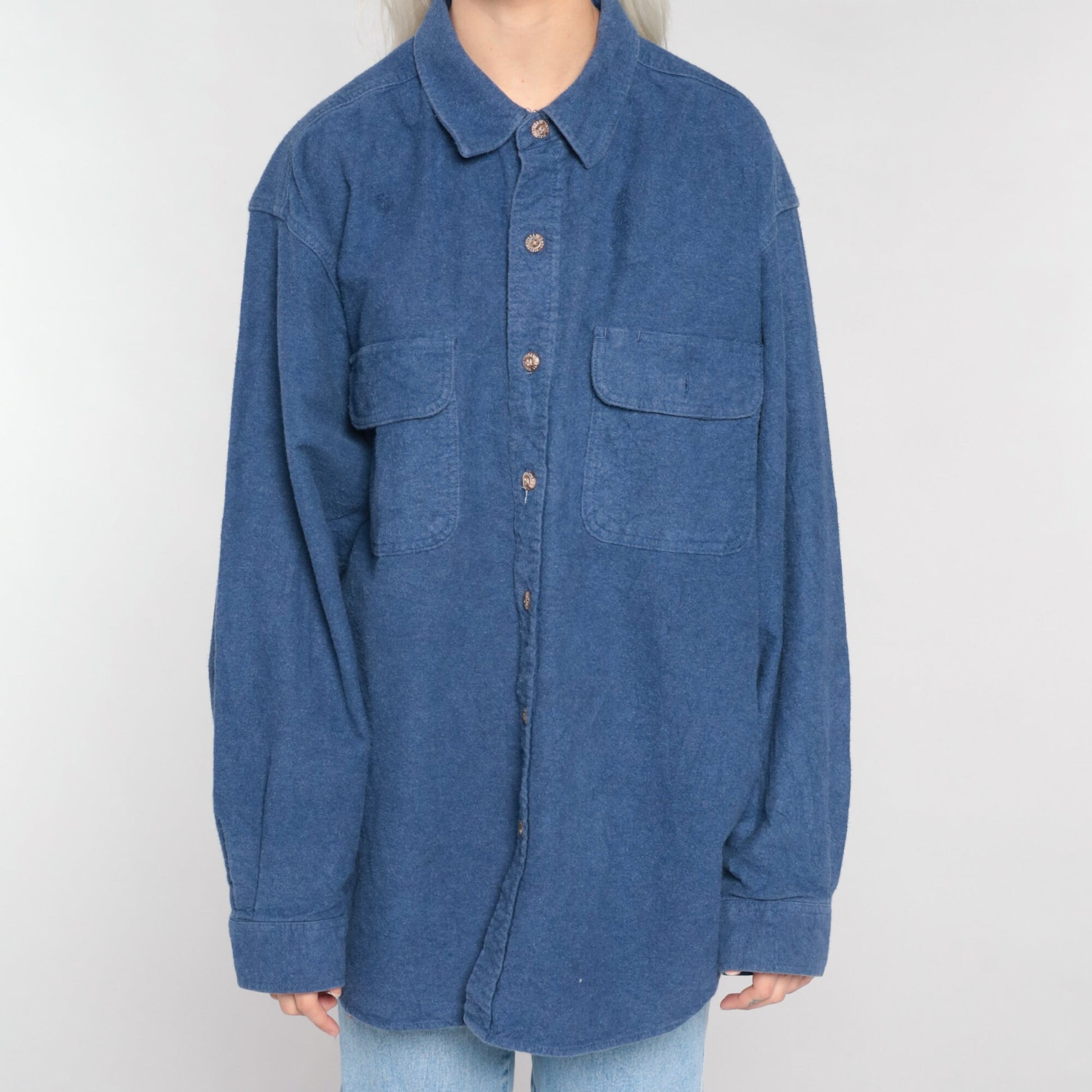 Y2K Blue Cotton Button-Up Shirt Long Sleeve Collared Oxford Men's Extra Large