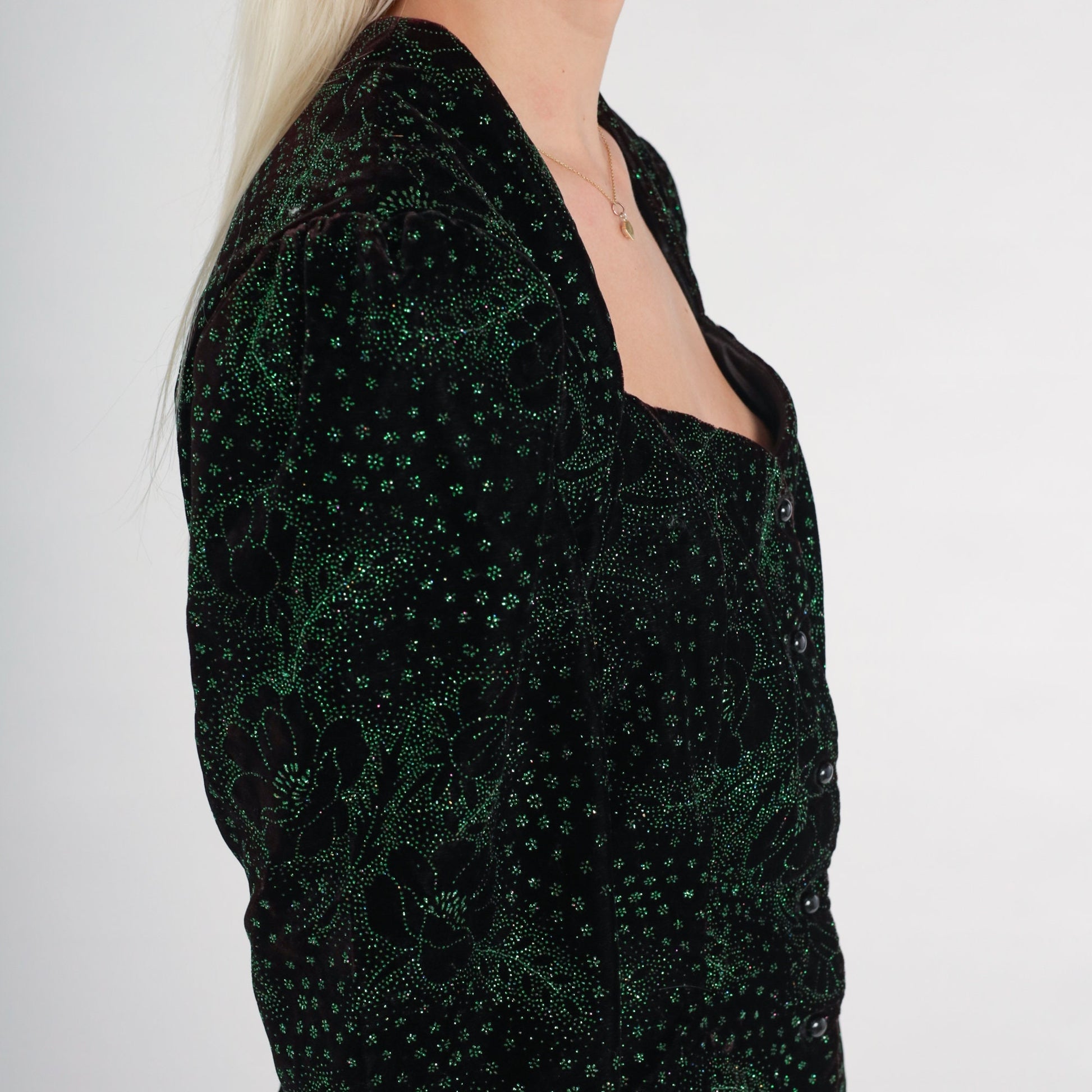 80s Gunne Sax Velvet Blouse Black Sparkly Green Floral Puff Sleeve Medium