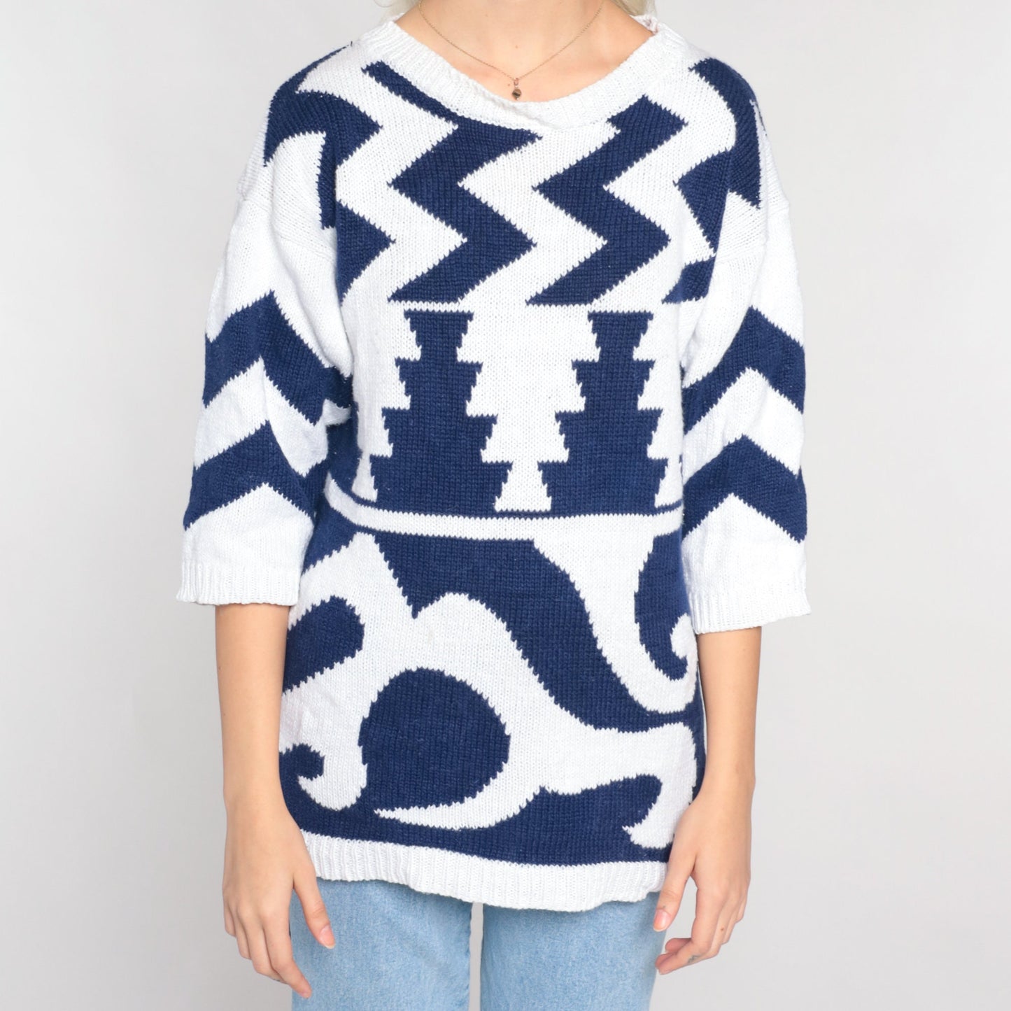 90s White Knit Sweater Navy Abstract Geometric Zig Zag Print 3/4 Sleeve Medium