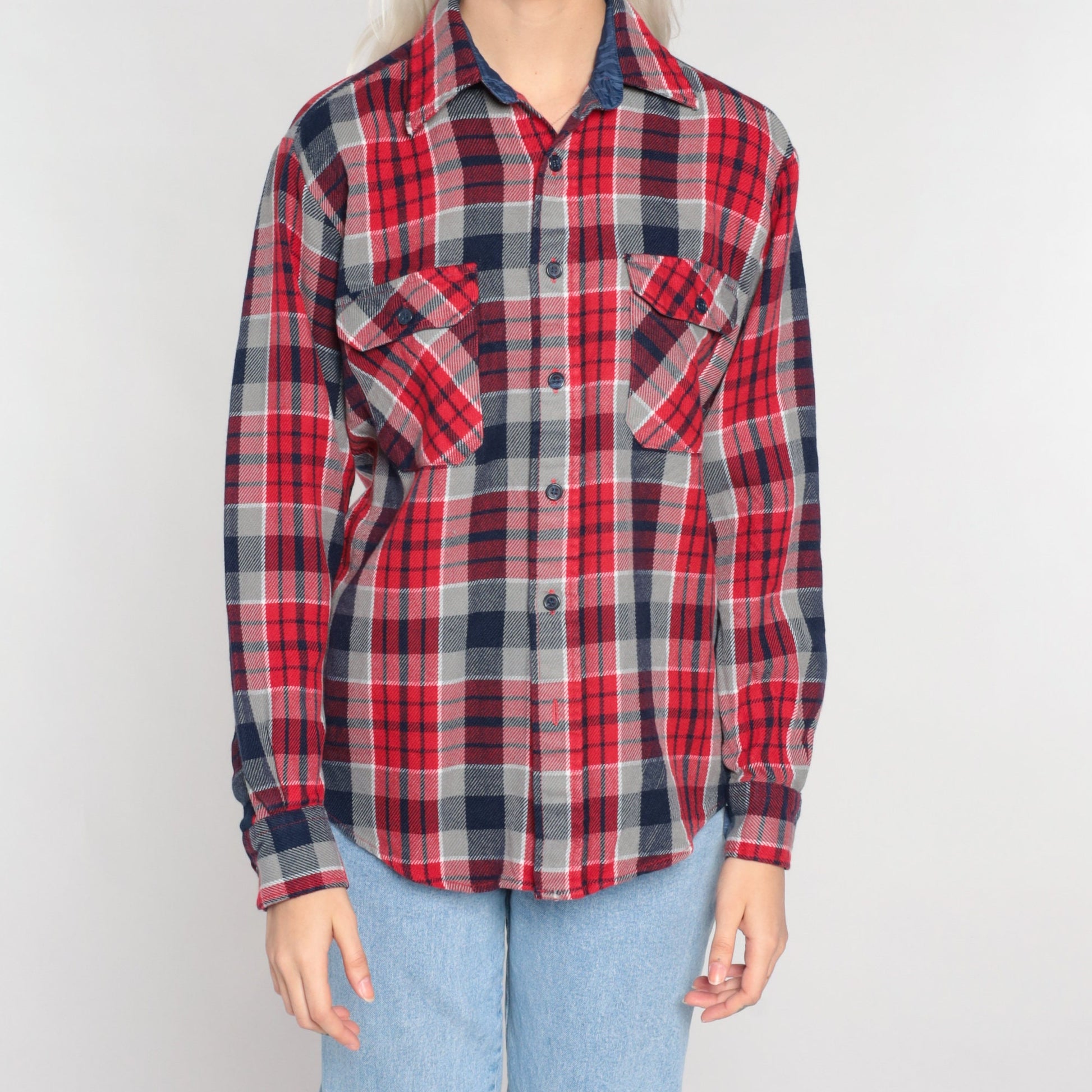 90s Ozark Trail Flannel Shirt Red Plaid Button-Up Long Sleeve Small