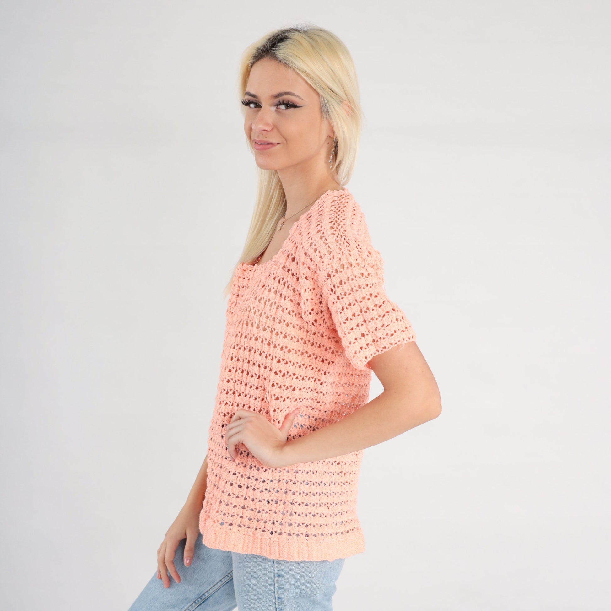 80s Orange Crochet Blouse Peach Open Weave Short Sleeve Small