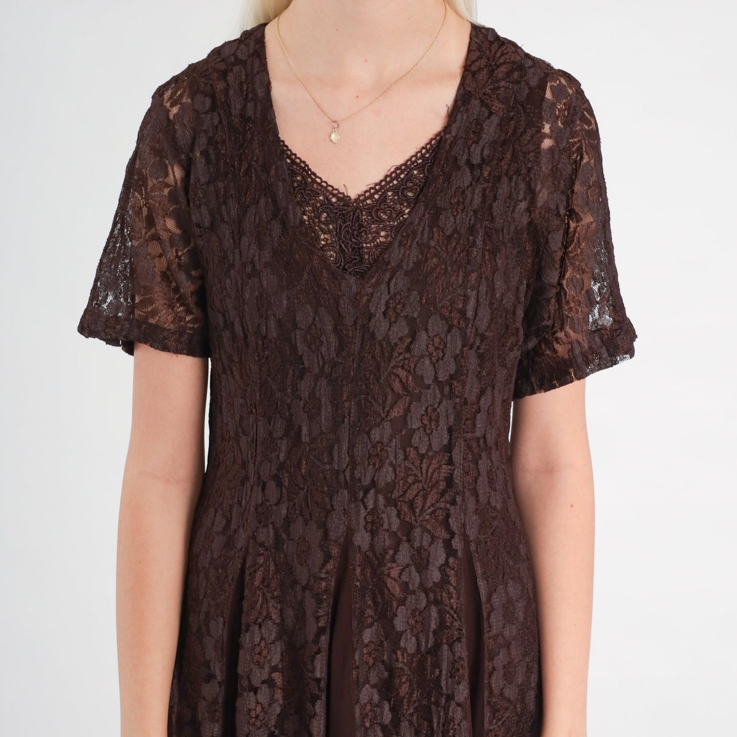 90s Brown Lace Maxi Dress Chiffon Panel V-Neck Short Sleeve Small