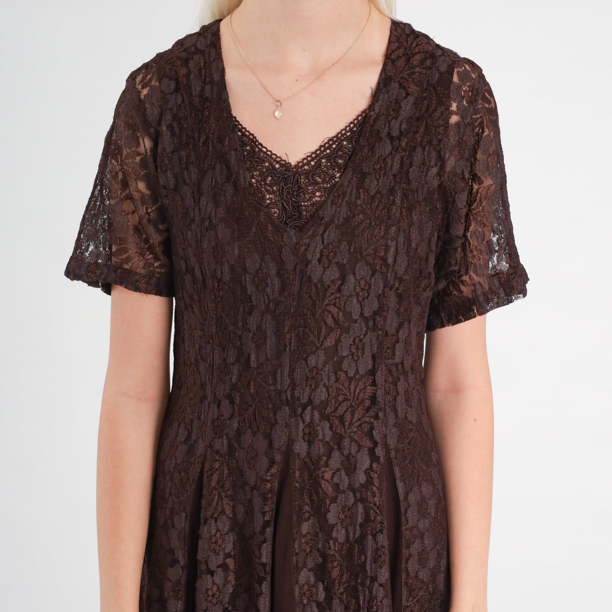 90s Brown Lace Maxi Dress Chiffon Panel V-Neck Short Sleeve Small